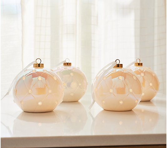 S/4 Illuminated Quilted Crystal Porcelain Ornaments by Valerie
