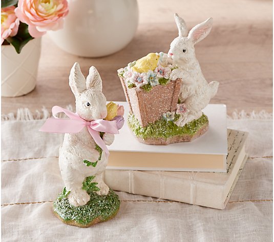 Set of 2 Sugared Bunny Figures with Chick & Flowers by Valerie