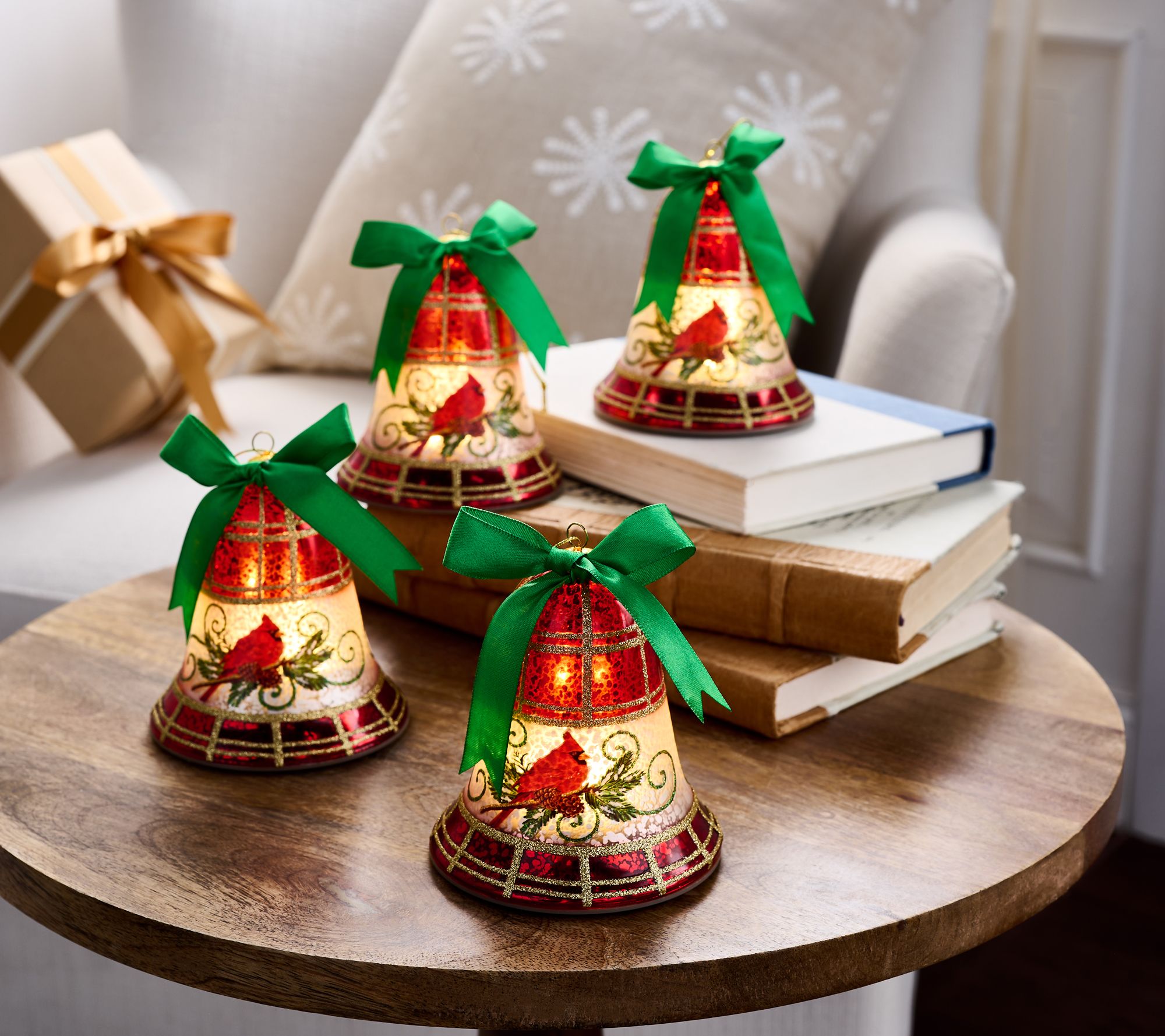 "As Is" Set of 4 Illuminated Mercury Glass Plaid Bells by Valerie