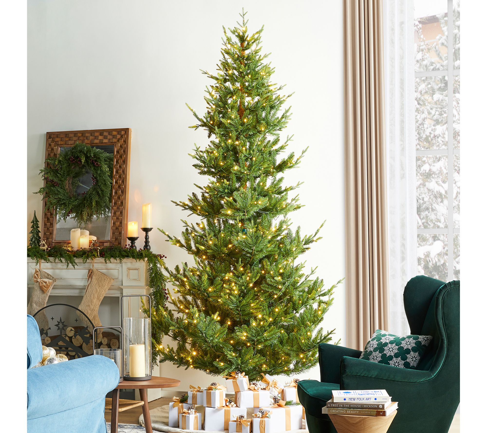 Glitzhome 9' LED Green Upward Slim Fir Faux Christmas Tree