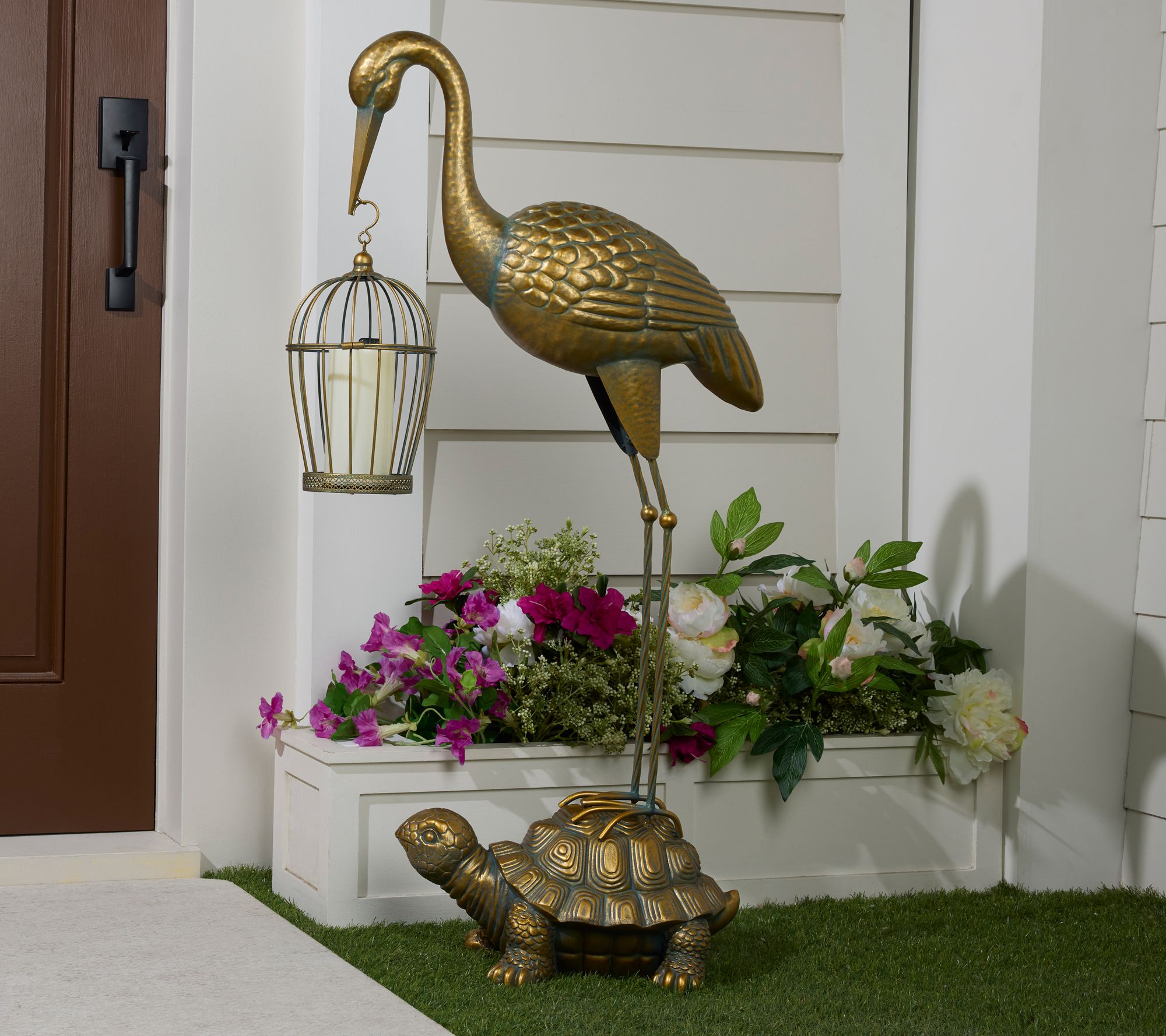 "As Is" 43" Crane & Turtle Garden Statue with Lantern by Kim Gravel