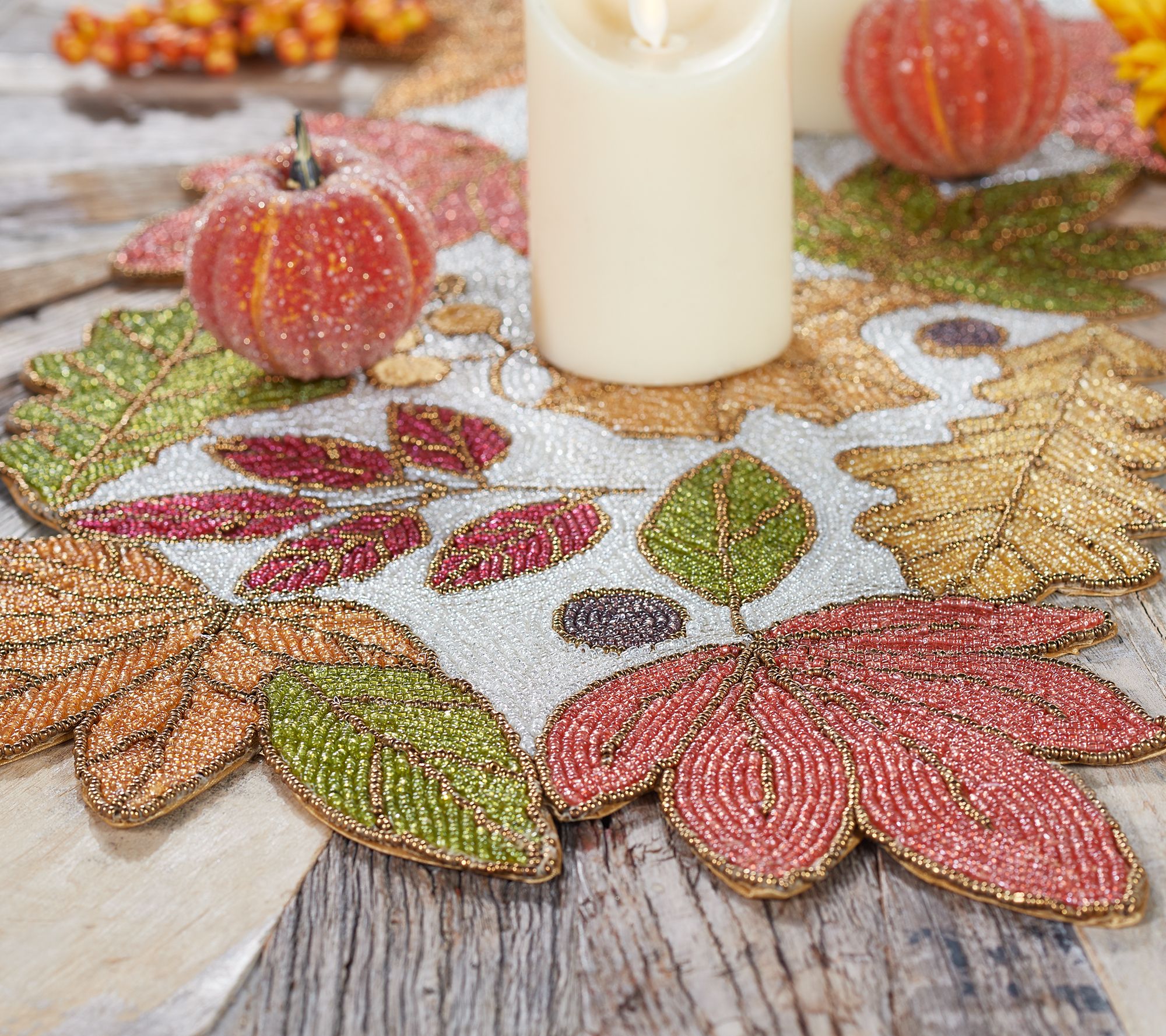 "As Is" 36" Beaded Harvest Leaves Table Runner by Valerie