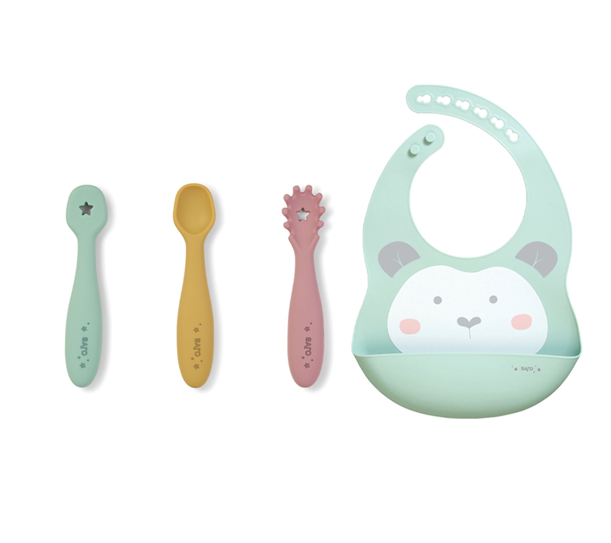 SARO Set of 3 Training Spoons + Bib Set