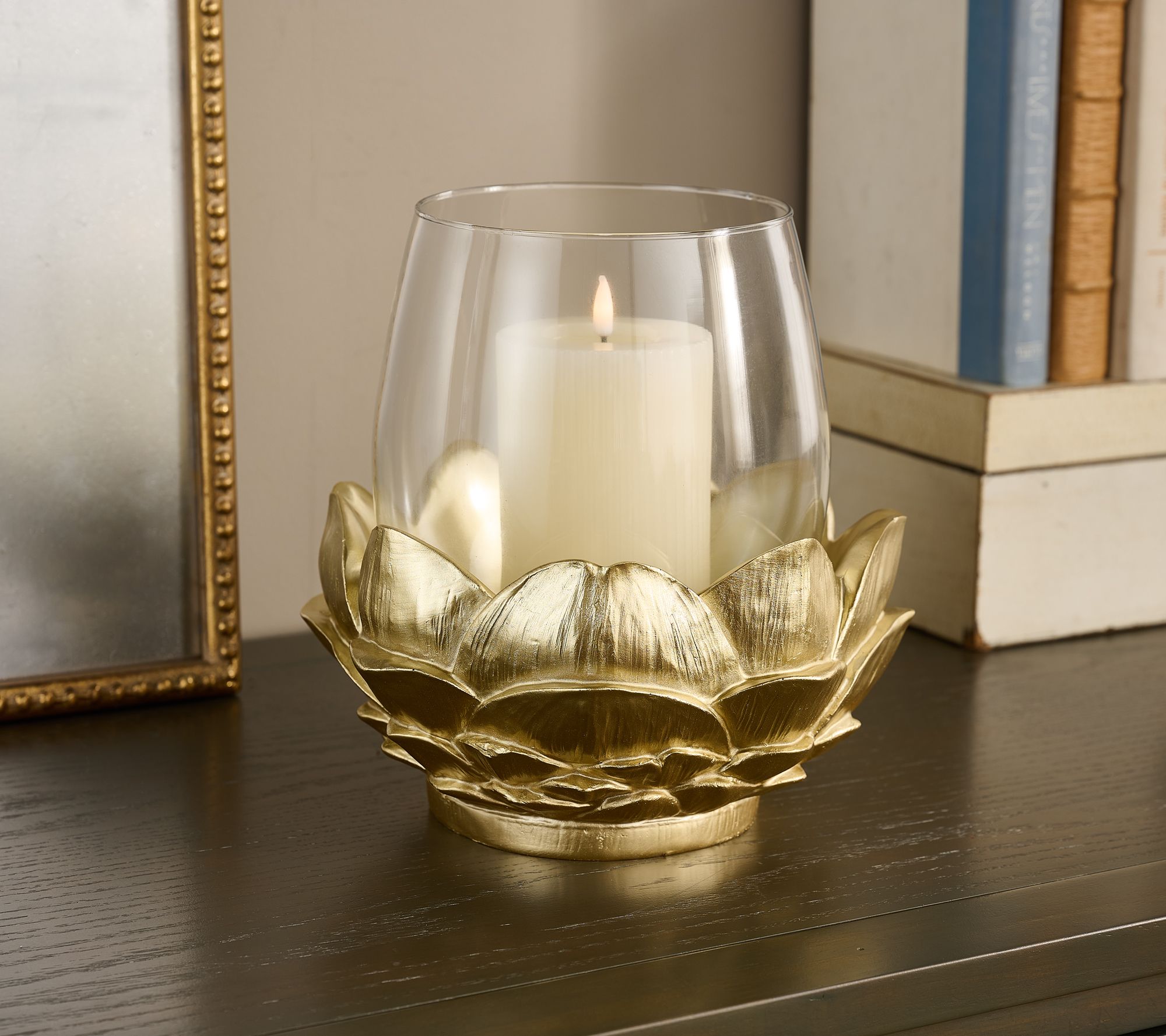 "As Is" 10" Magnolia Leaf Glass Hurricane with Ribbed Candle by Kim