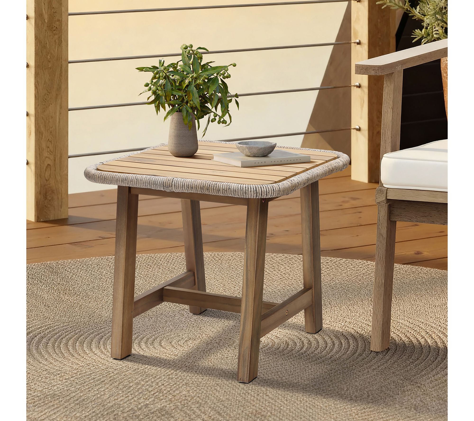 LuxenHome Outdoor Acacia Wood Side Table w/ Woven Wicker Edge