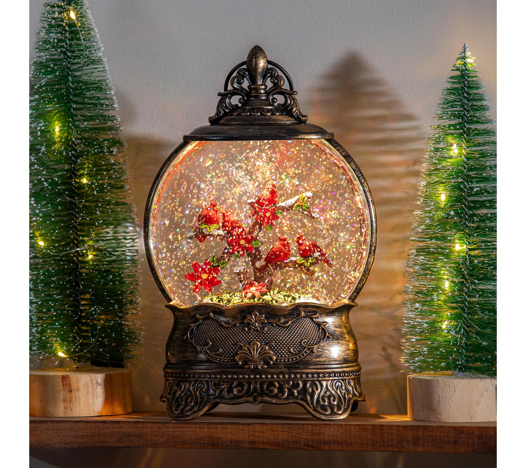 Evergreen 10"H LED Cardinal on Branches AntiqueWater Lantern
