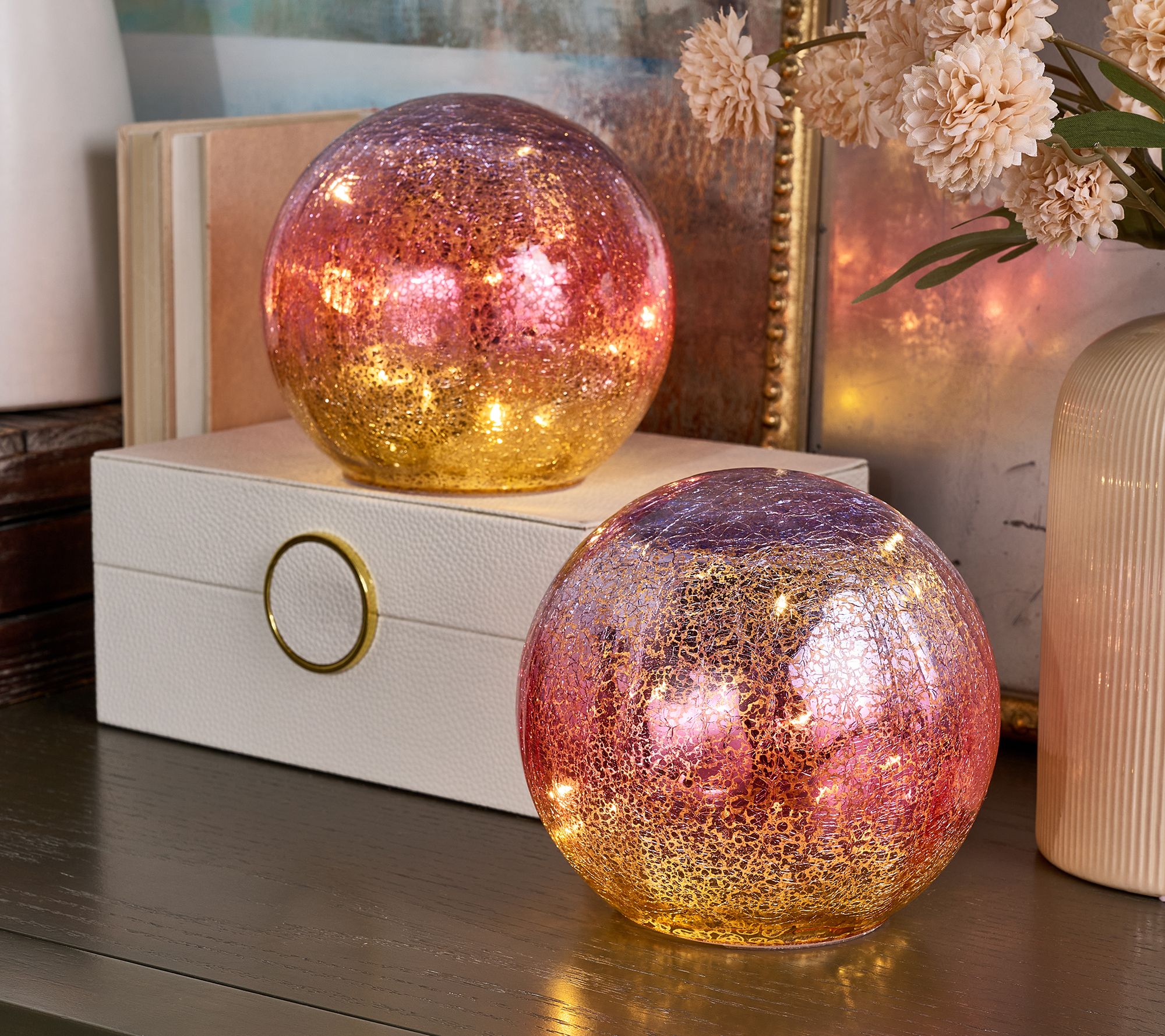 "As Is" Set/2 5.5" Illuminate Sunset Mercury Glass Spheres by Valerie