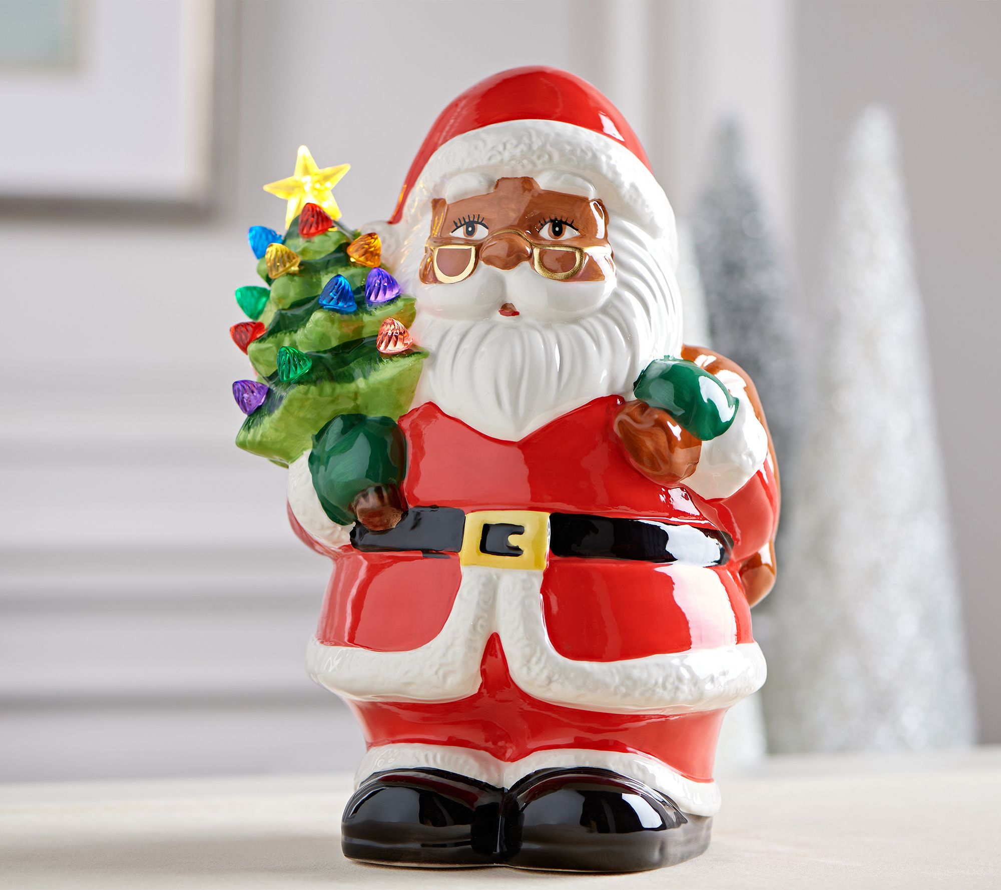 10 H Fine Ceramic African American Santa Claus with Gift Present Cookie Jar