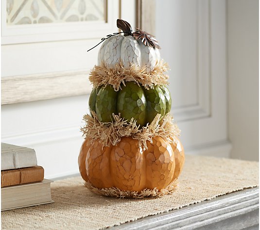 13" Stacked Pumpkins with Raffia by Valerie