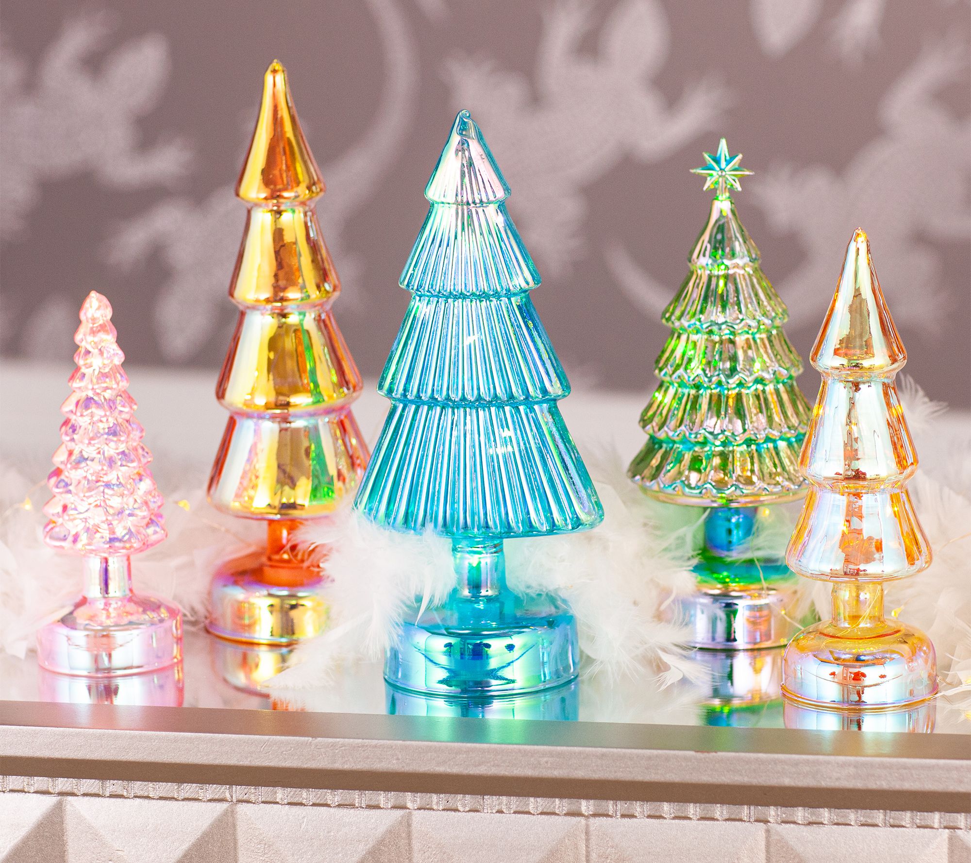 As Is Fierce Home Set of 5 Iridescent Glass Prelit Trees 