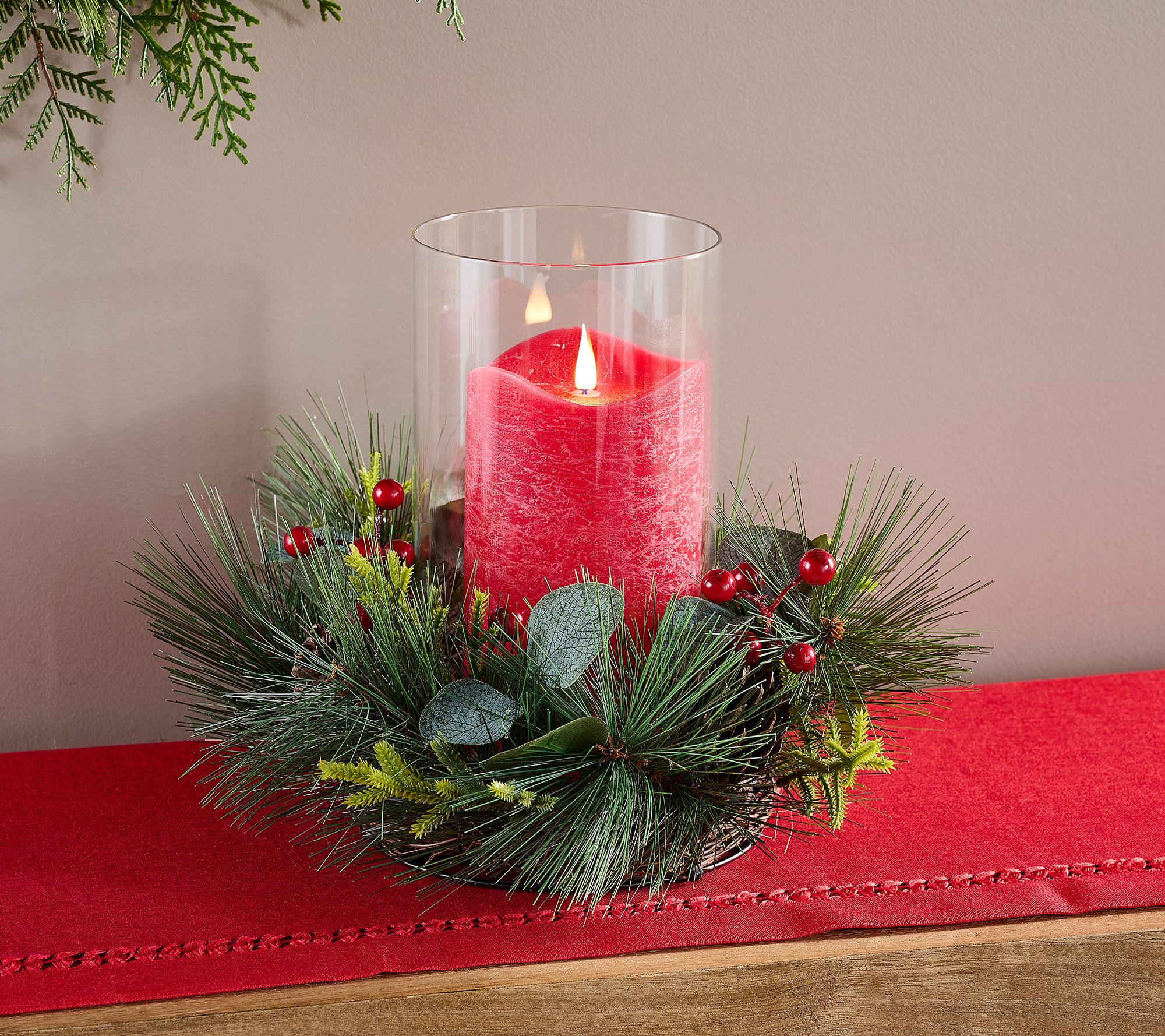 Candle Light Berry & Pinecone Centerpiece by Valerie