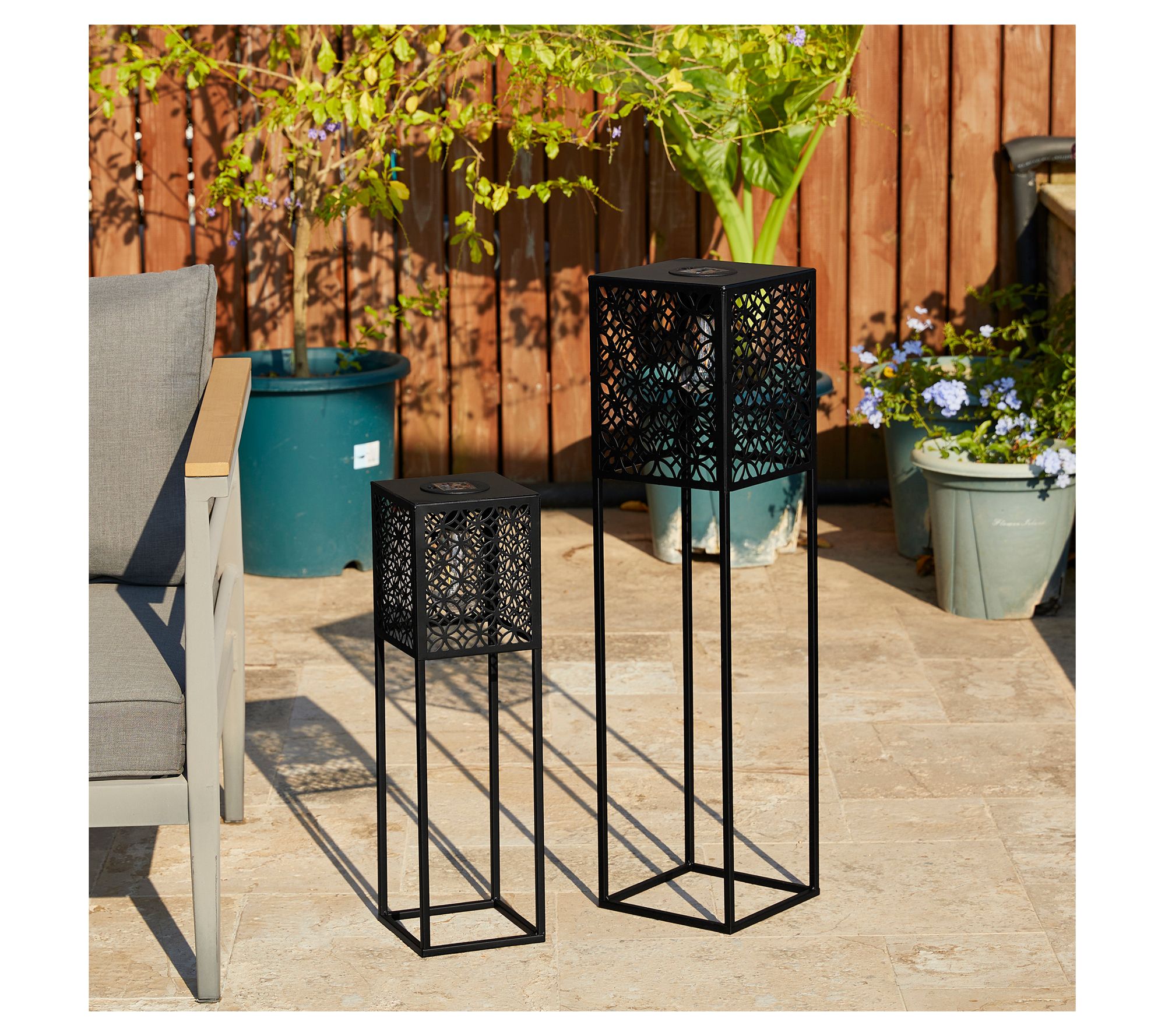 Glitzhome Extra Tall Metal Pattern Outdoor Solar Lanterns S/2