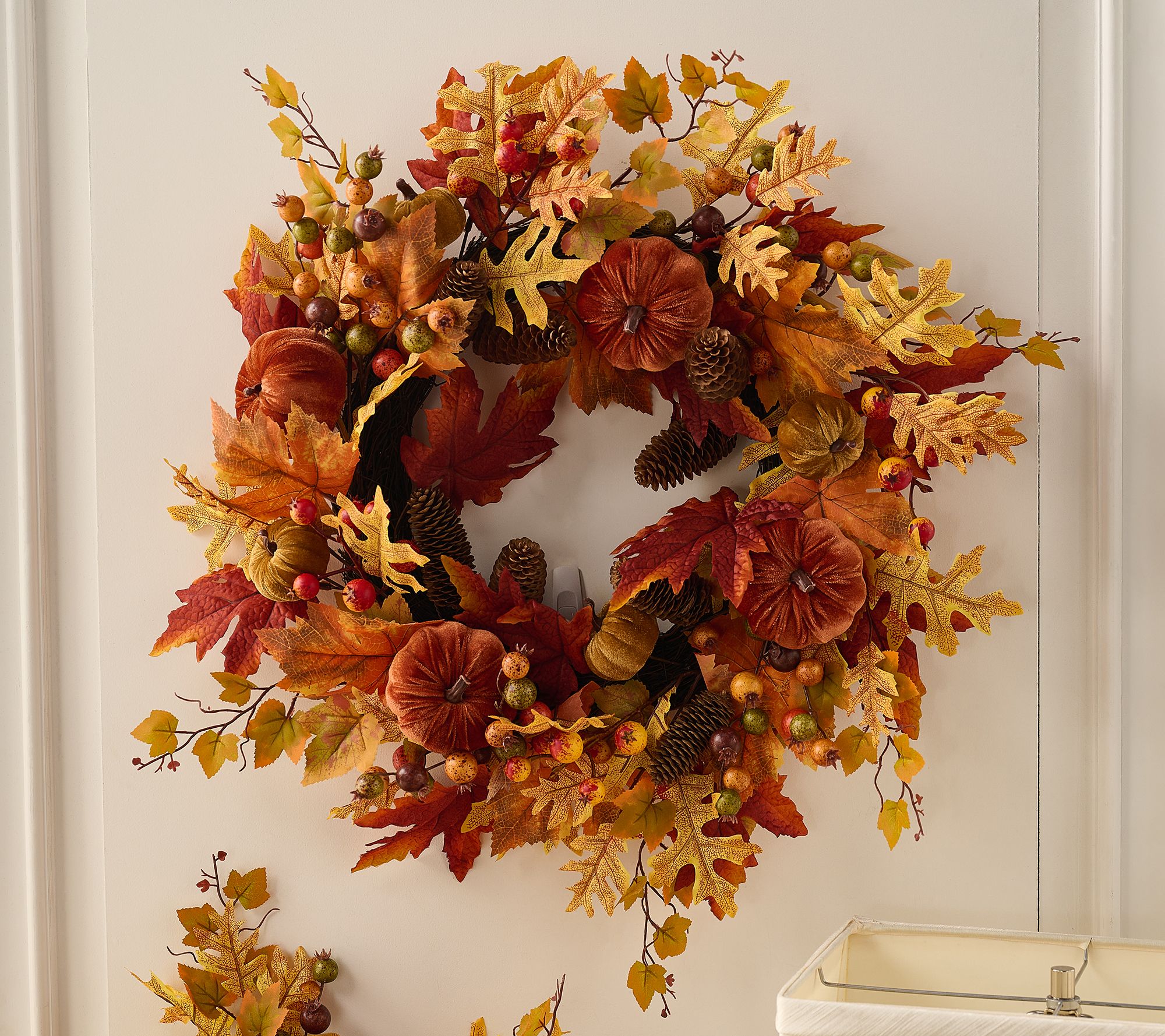 24" Velvet Pumpkin and Leaf Wreath by Valerie