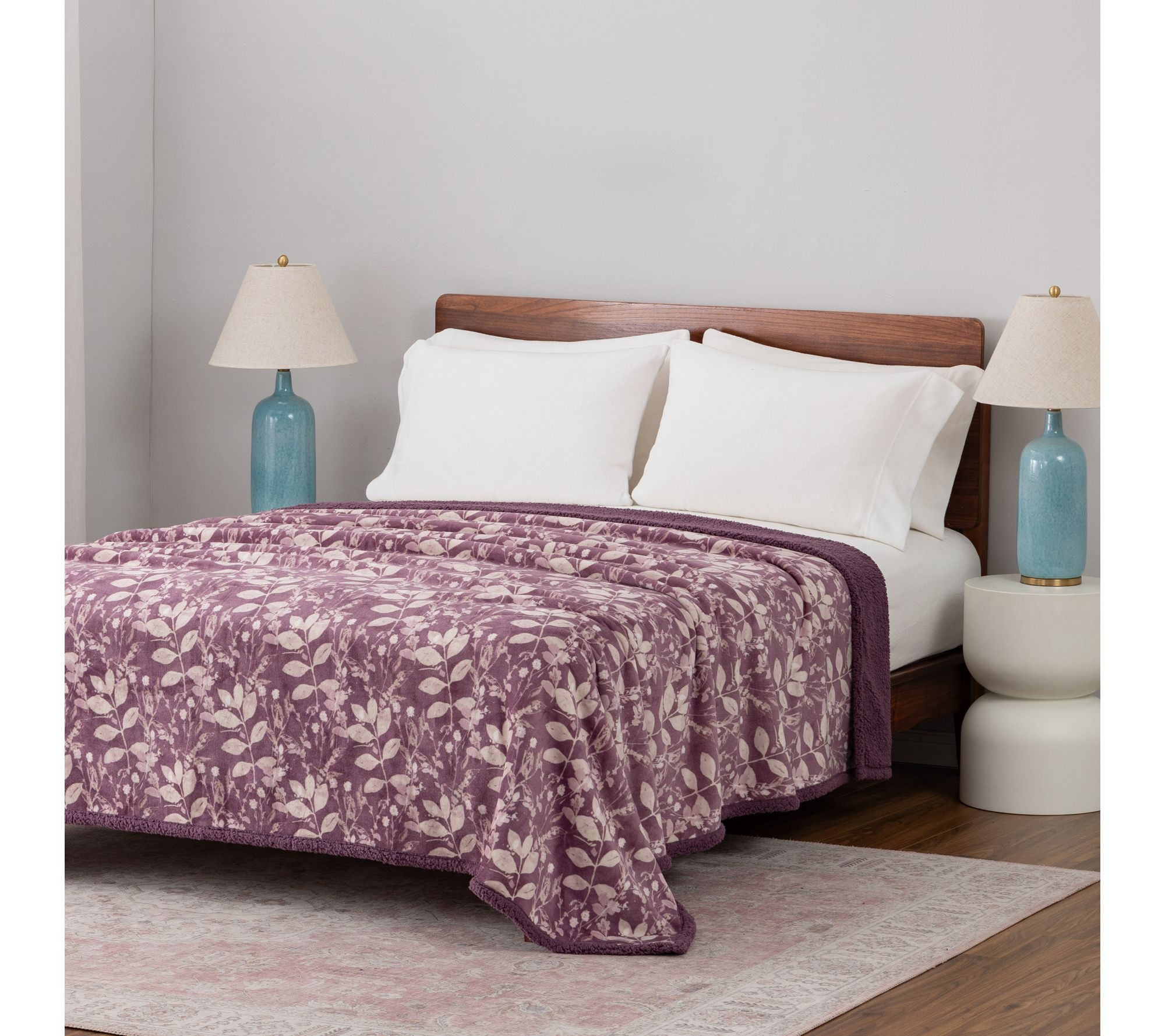 "As Is" Berkshire Floral Vine Plush & Sherpa Blanket- Queen