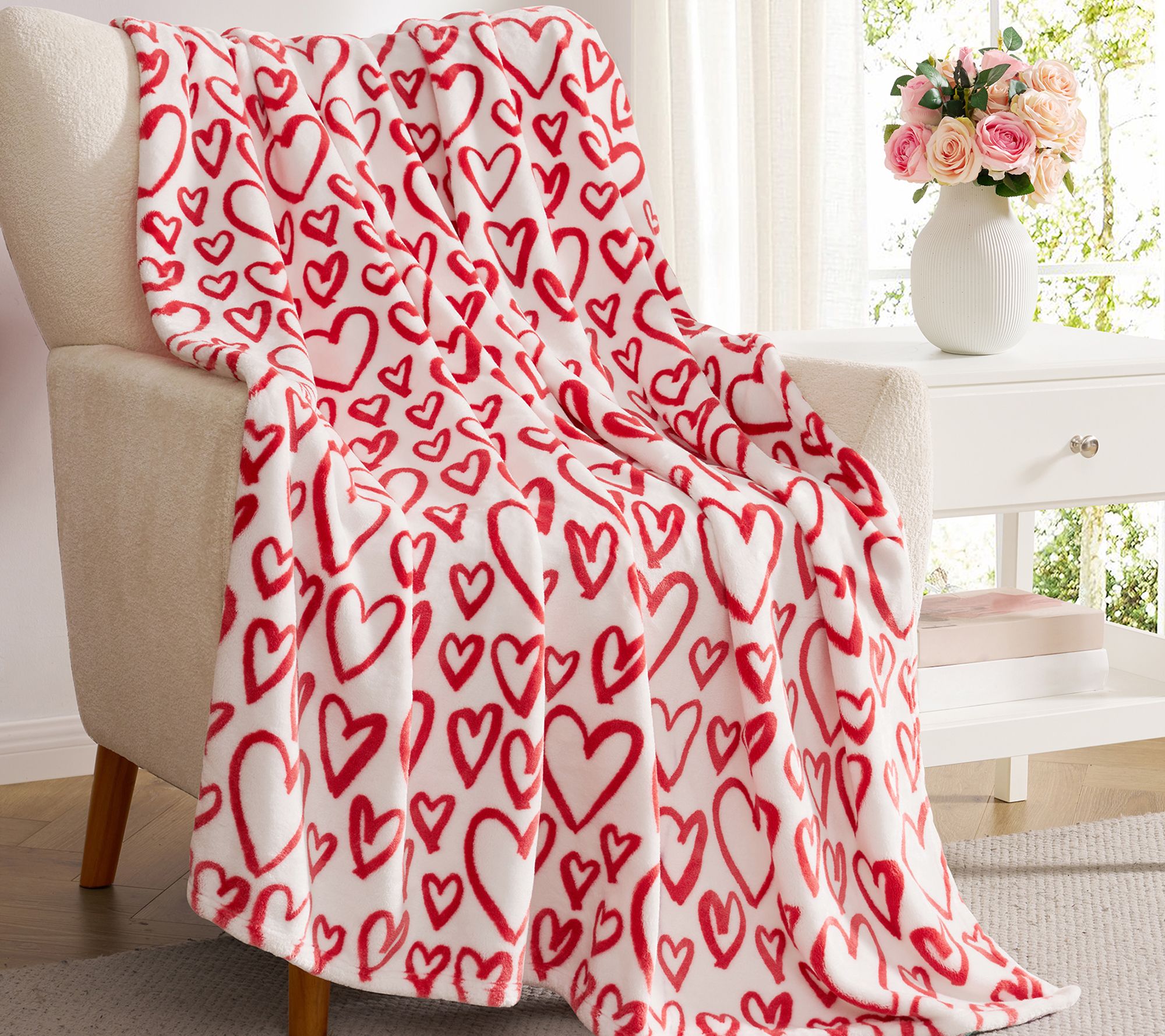  Hallmark Red/White Heartstring 50" x 70" PlushThrow Blanket
