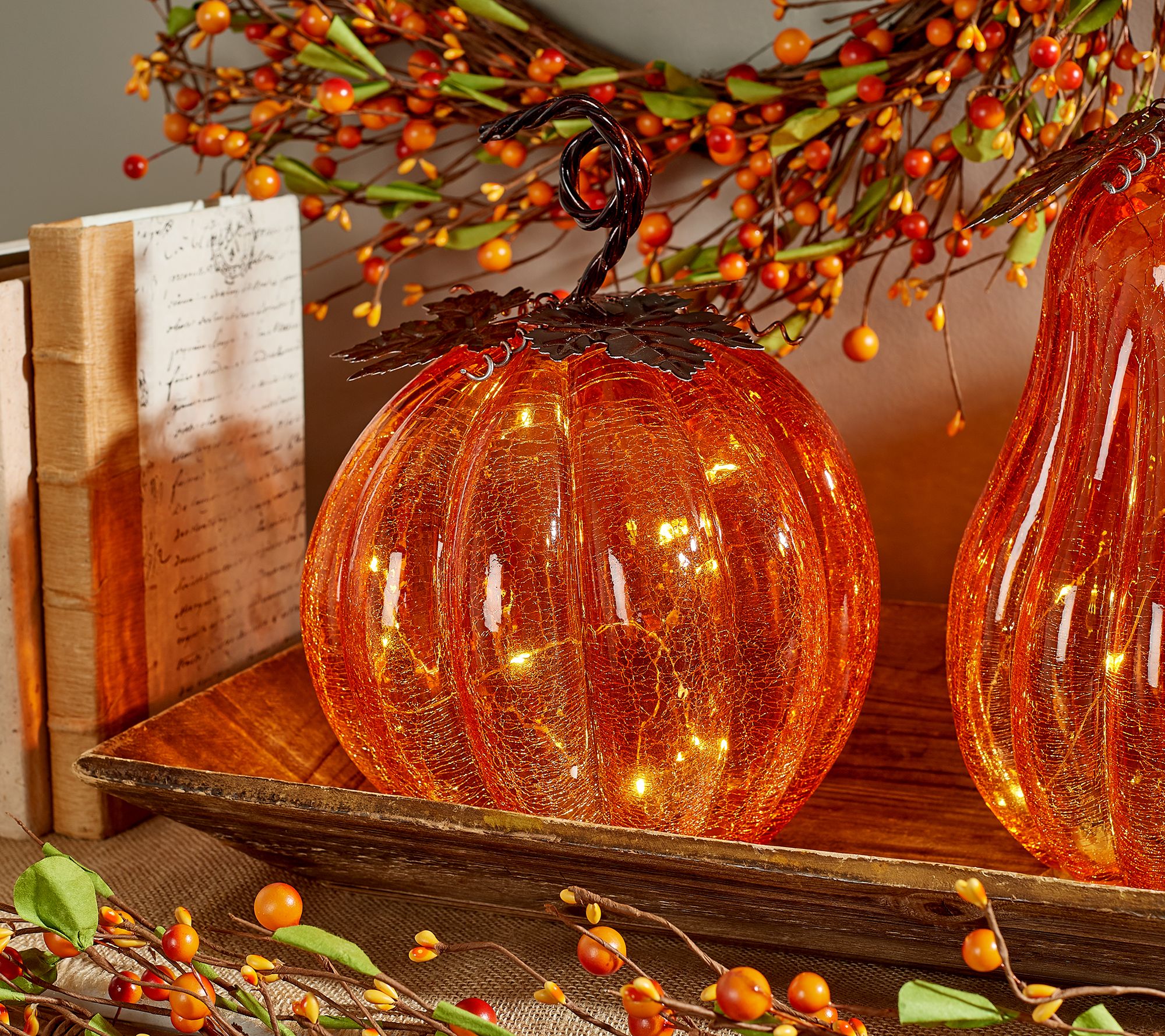 Illuminated Crackle Glass Pumpkin with Metal Accents by Valerie - QVC.com