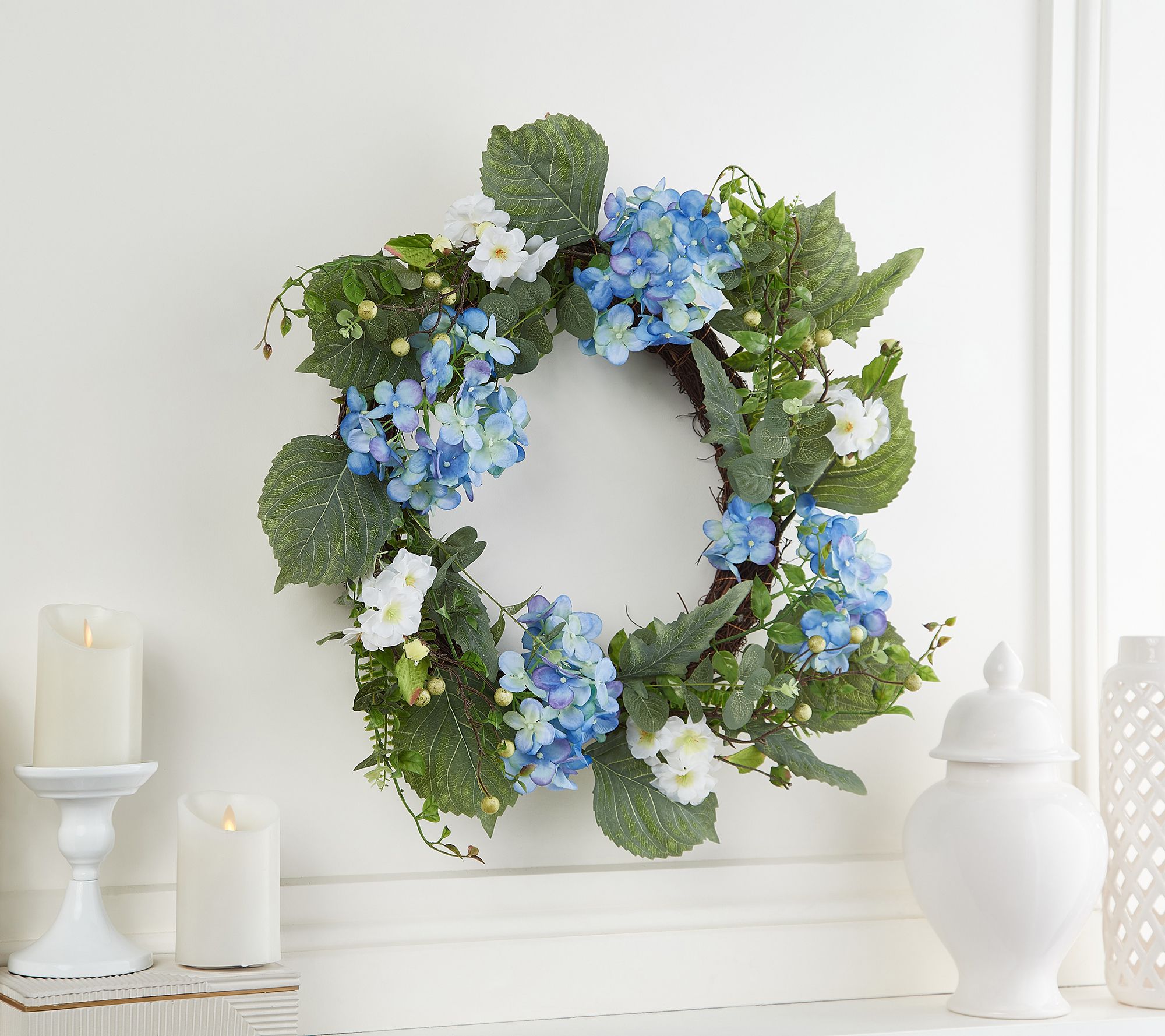 24" Grande Hydrangea, Fern and Berry Wreath by Valerie