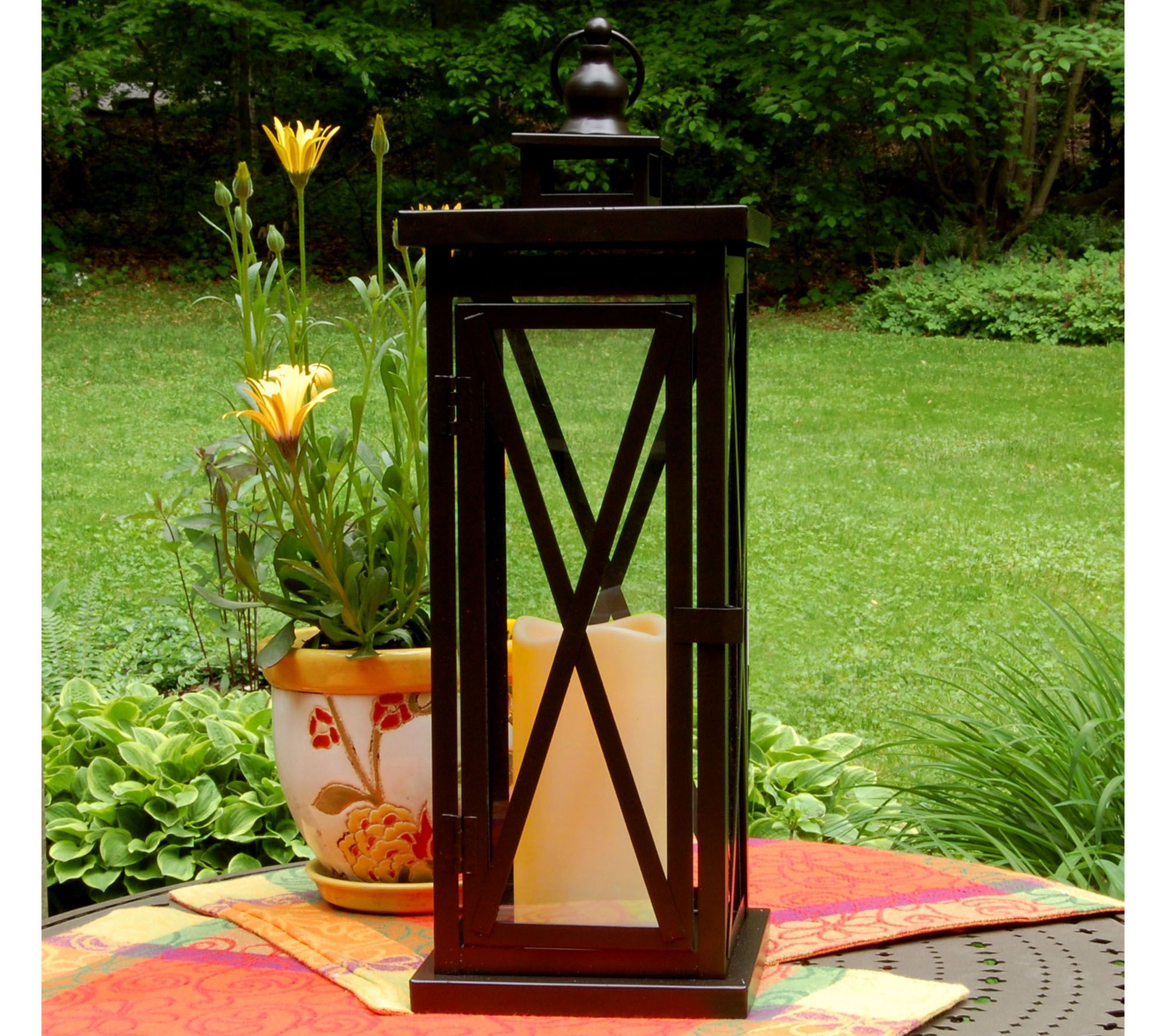 Battery Operated Metal Lantern with LED Candle - Crisscross