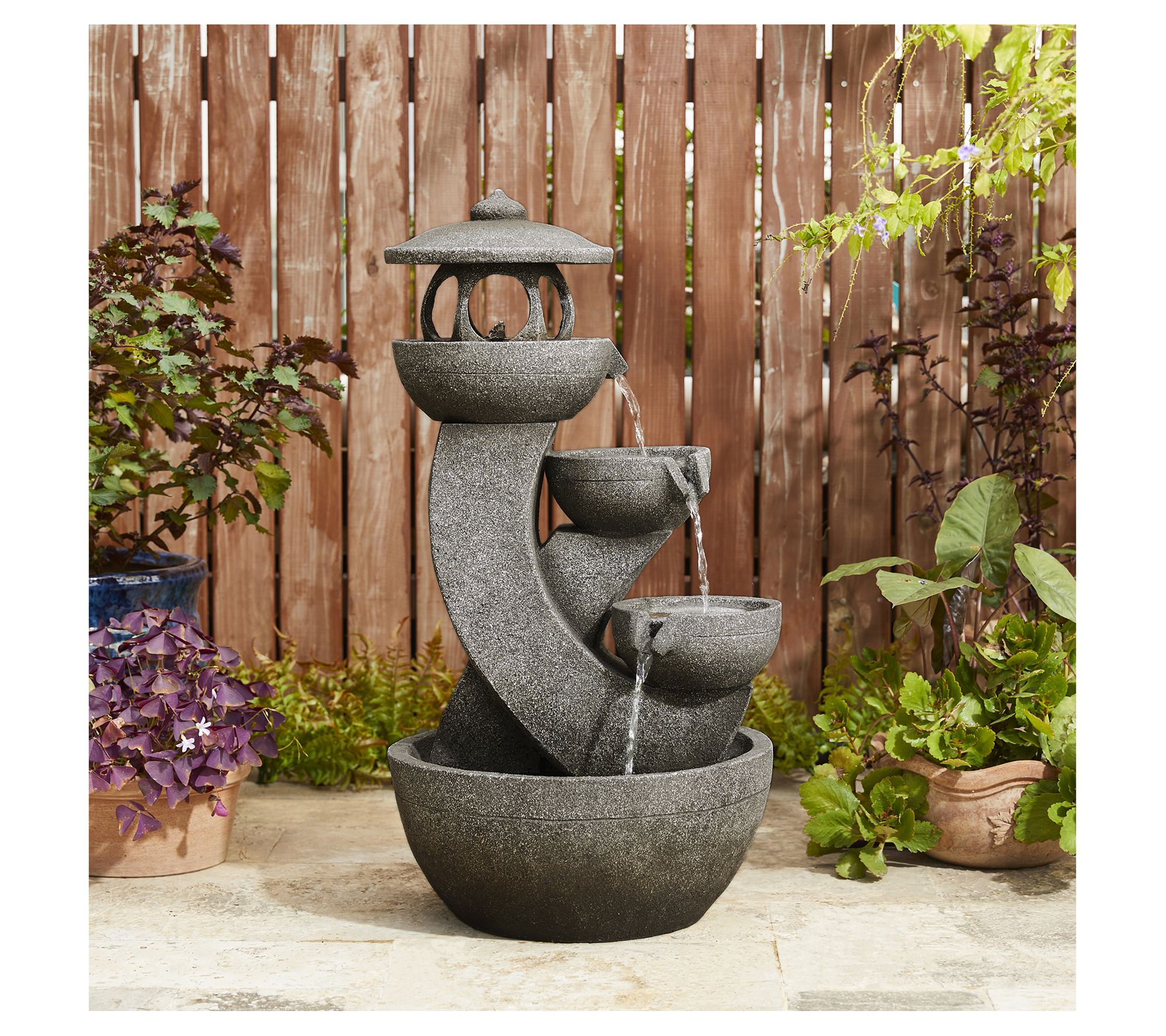Glitzhome 32" 4-Tiered LED Polynesian Pagoda Outdoor Fountain
