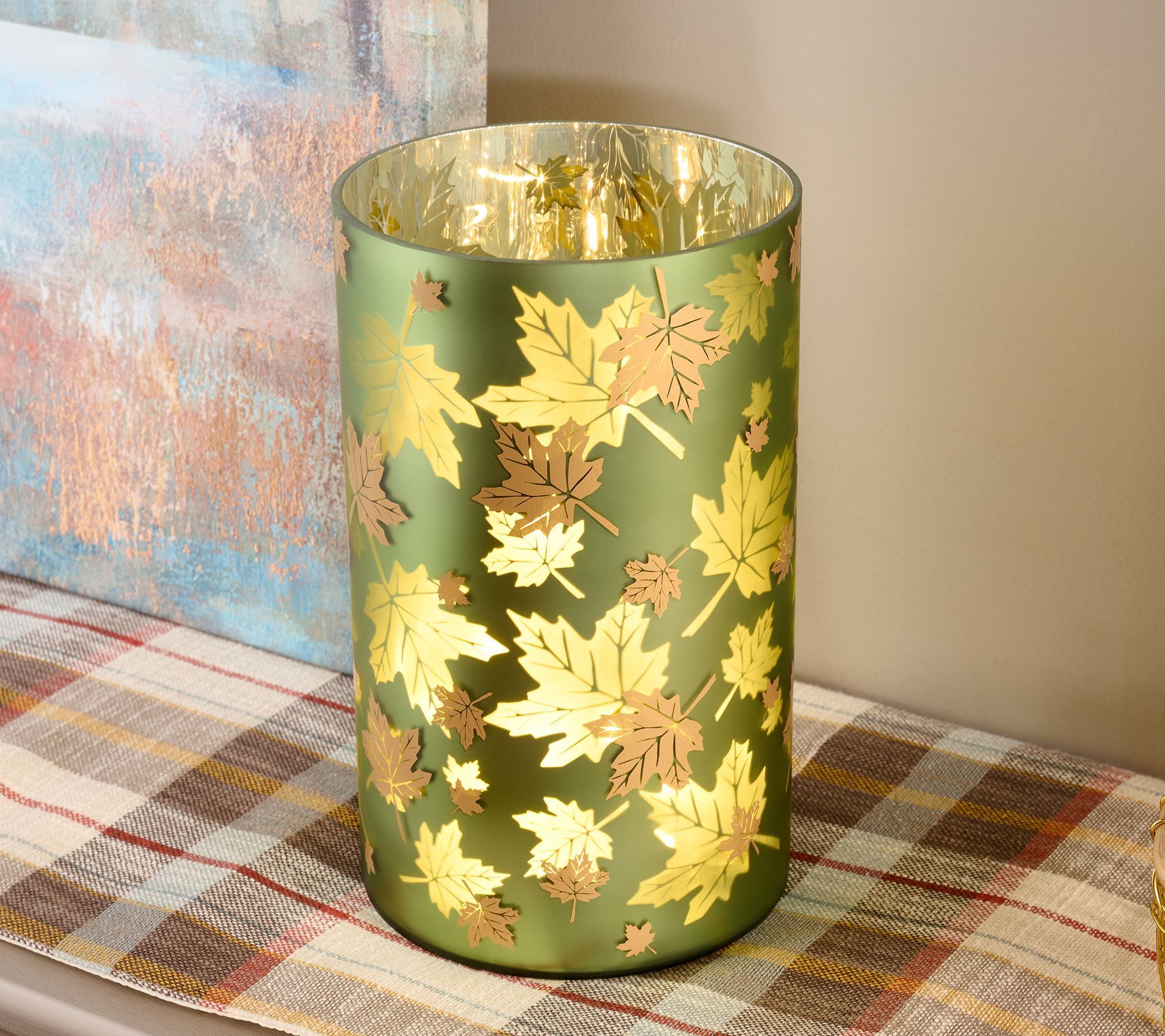 Oversized 9.75" Illuminated Autumn Leaves Glass Hurricane by Valerie