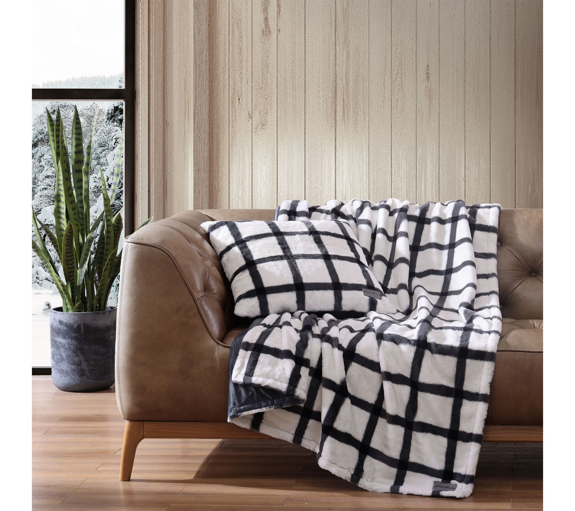 Eddie Bauer Bunkhouse Plaid Grey Faux Fur Throw & Pillow Set