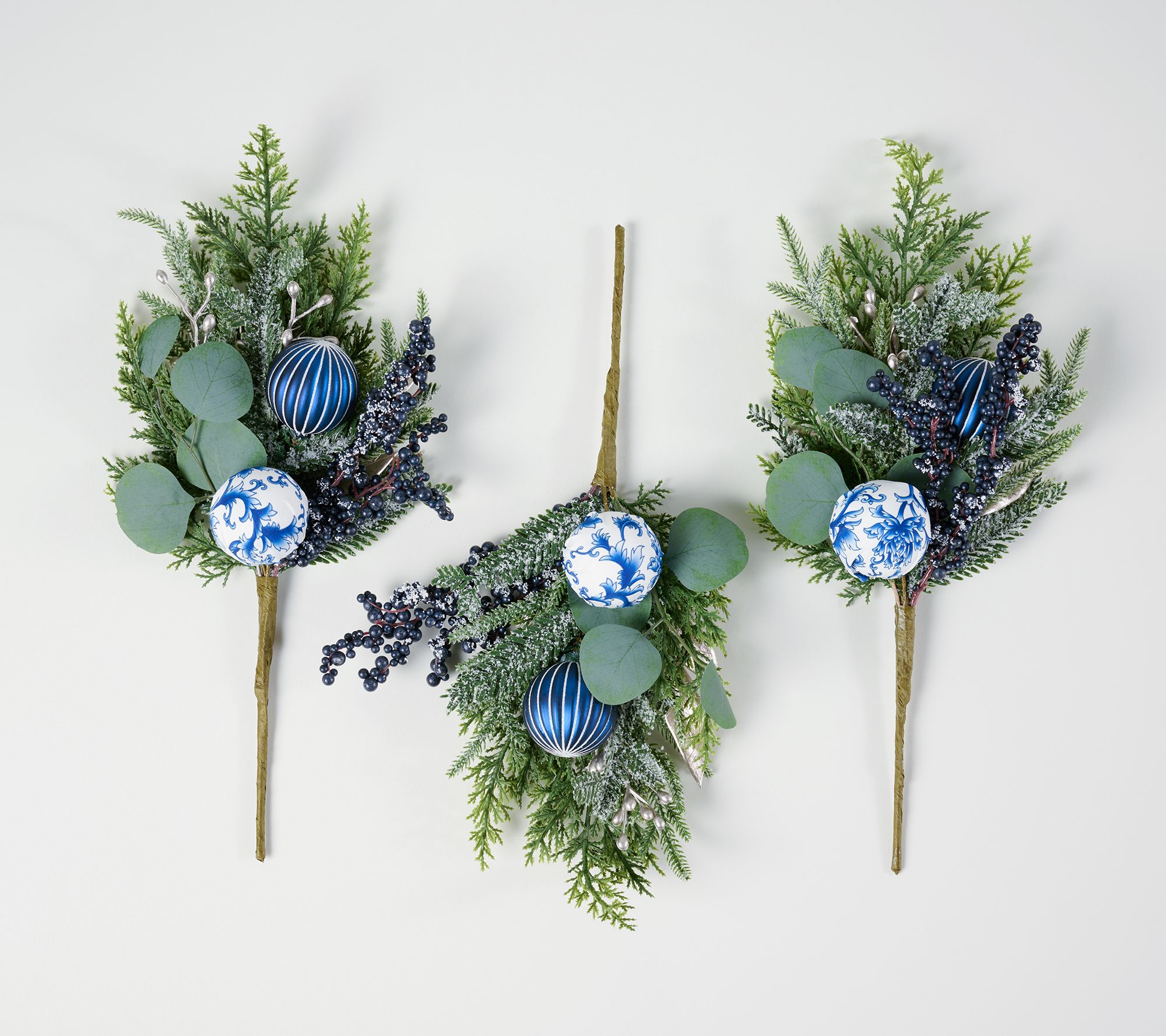 Set of 3 Toile Ornament and Greenery Picks by Valerie