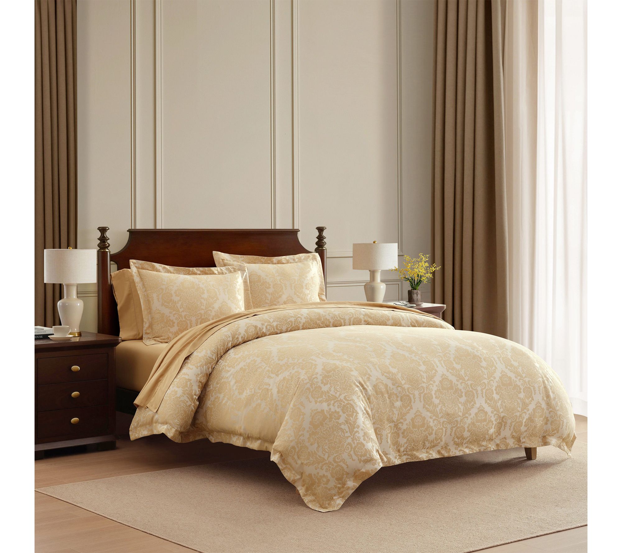 Martha Stewart Vintage Damask Gold Cotton BlndQueen Duvet Set