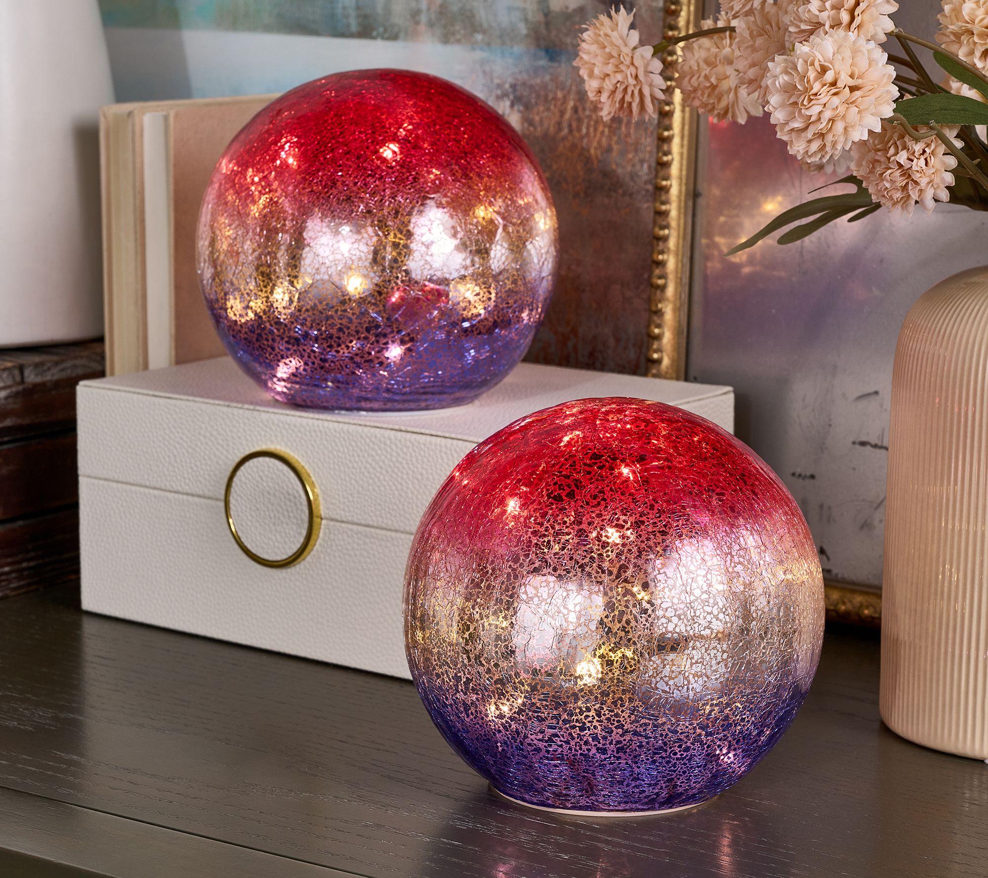 "As Is" Set/2 5.5" Illuminate Patriotic Glass Spheres by Valerie