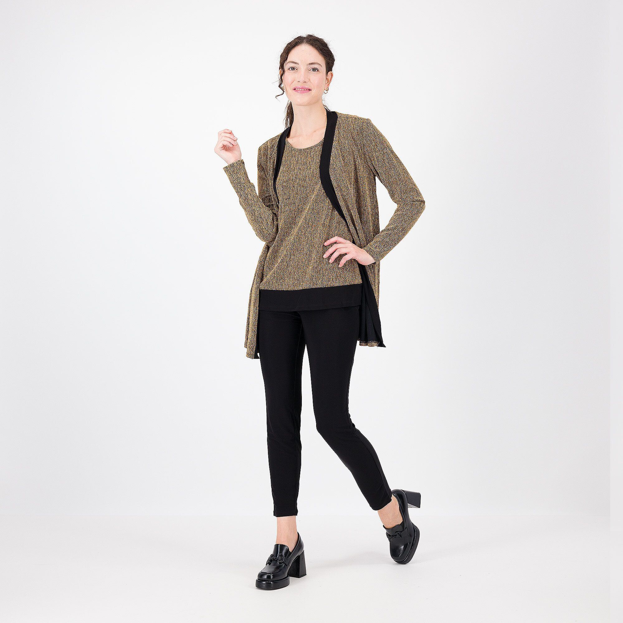 QVC Nina Leonard Completo: cardigan e top con glitter e pantaloni tinta unita