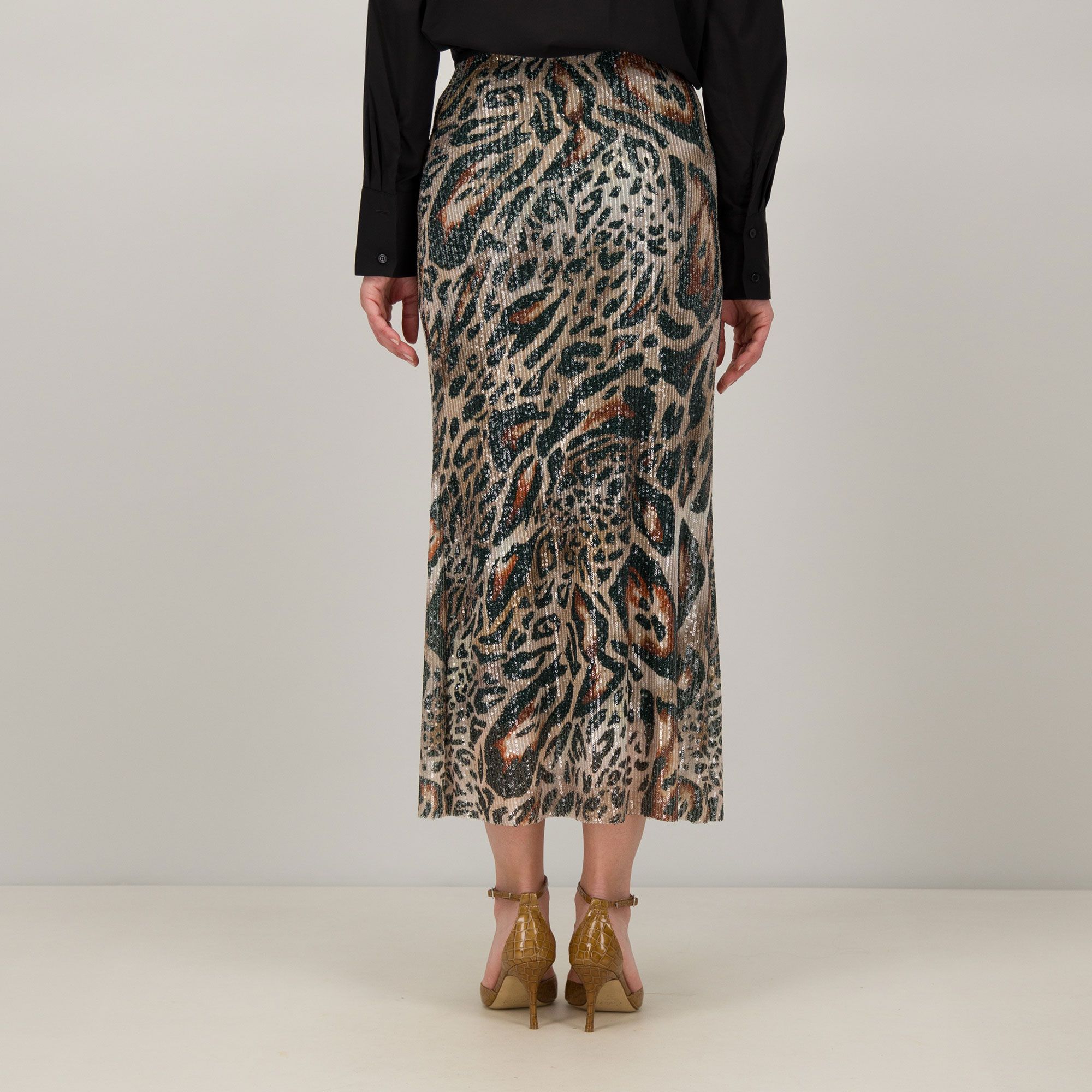 Caterina Lancini Gonna lunga in paillettes fantasia animalier