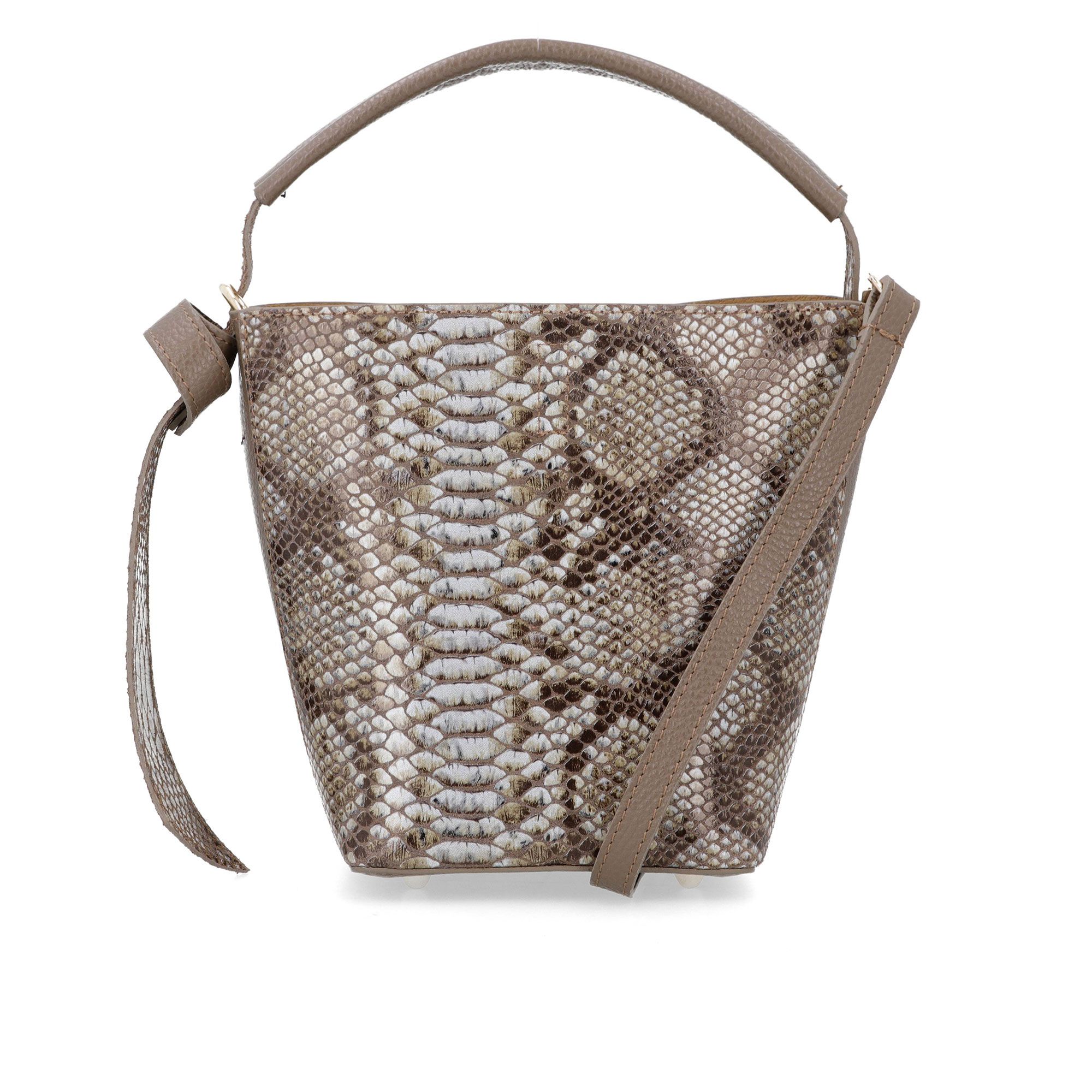 Le Corone Bags
Borsa a secchiello in
pelle stampa pitone
con pochette