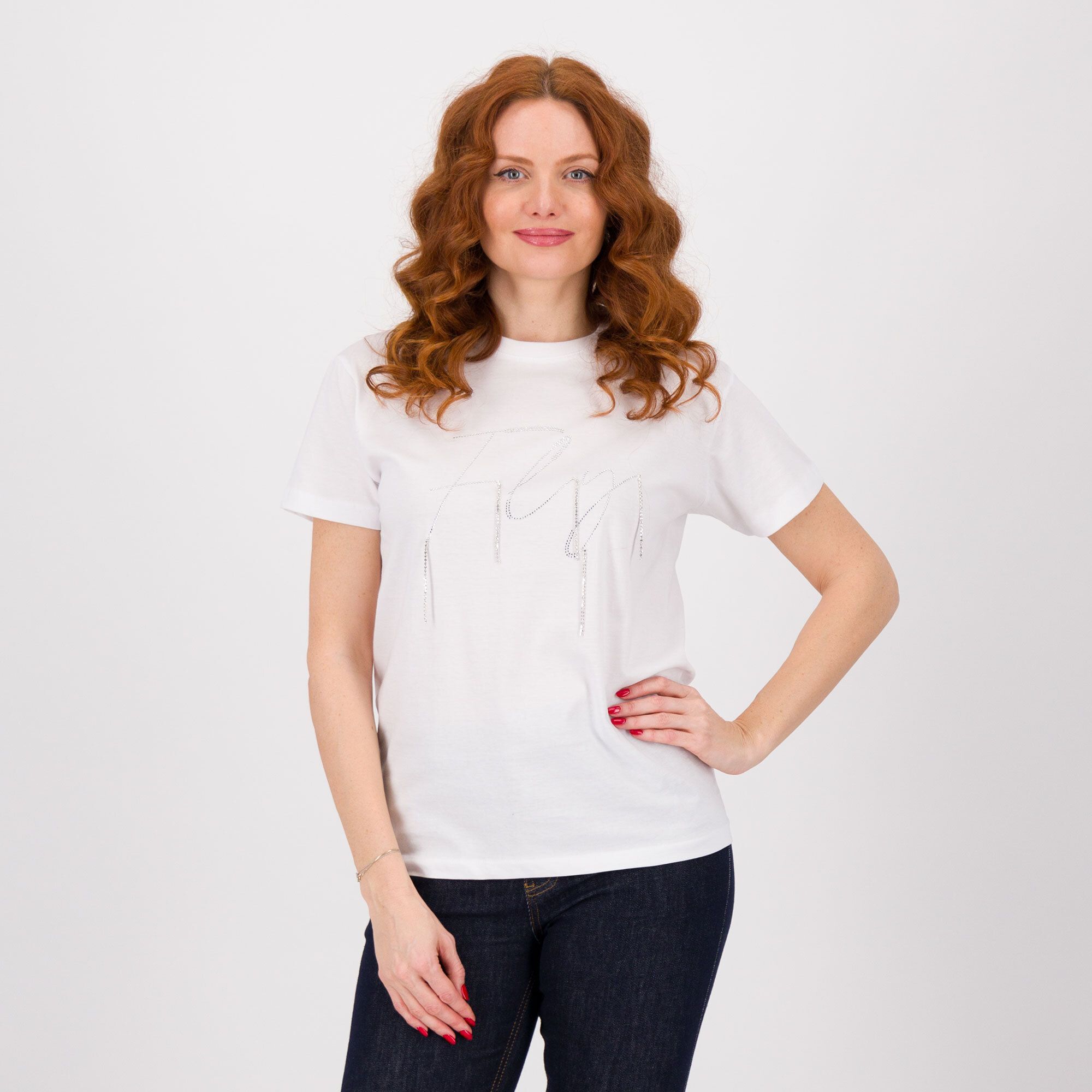 Image of Enjoy T-shirt girocollo in jersey di cotone con strass061