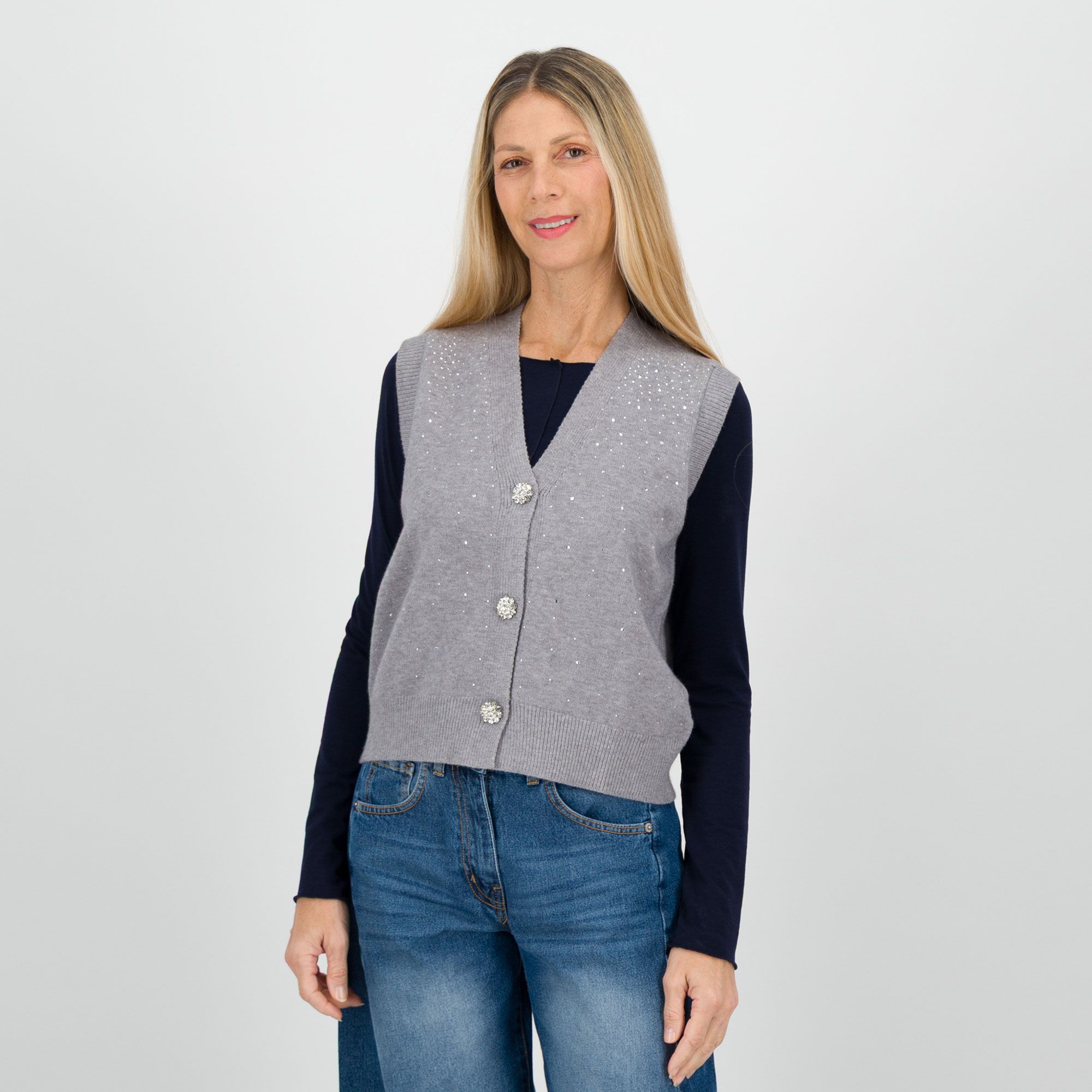Risskio
Gilet in filato misto
viscosa con strass
e scollo a V