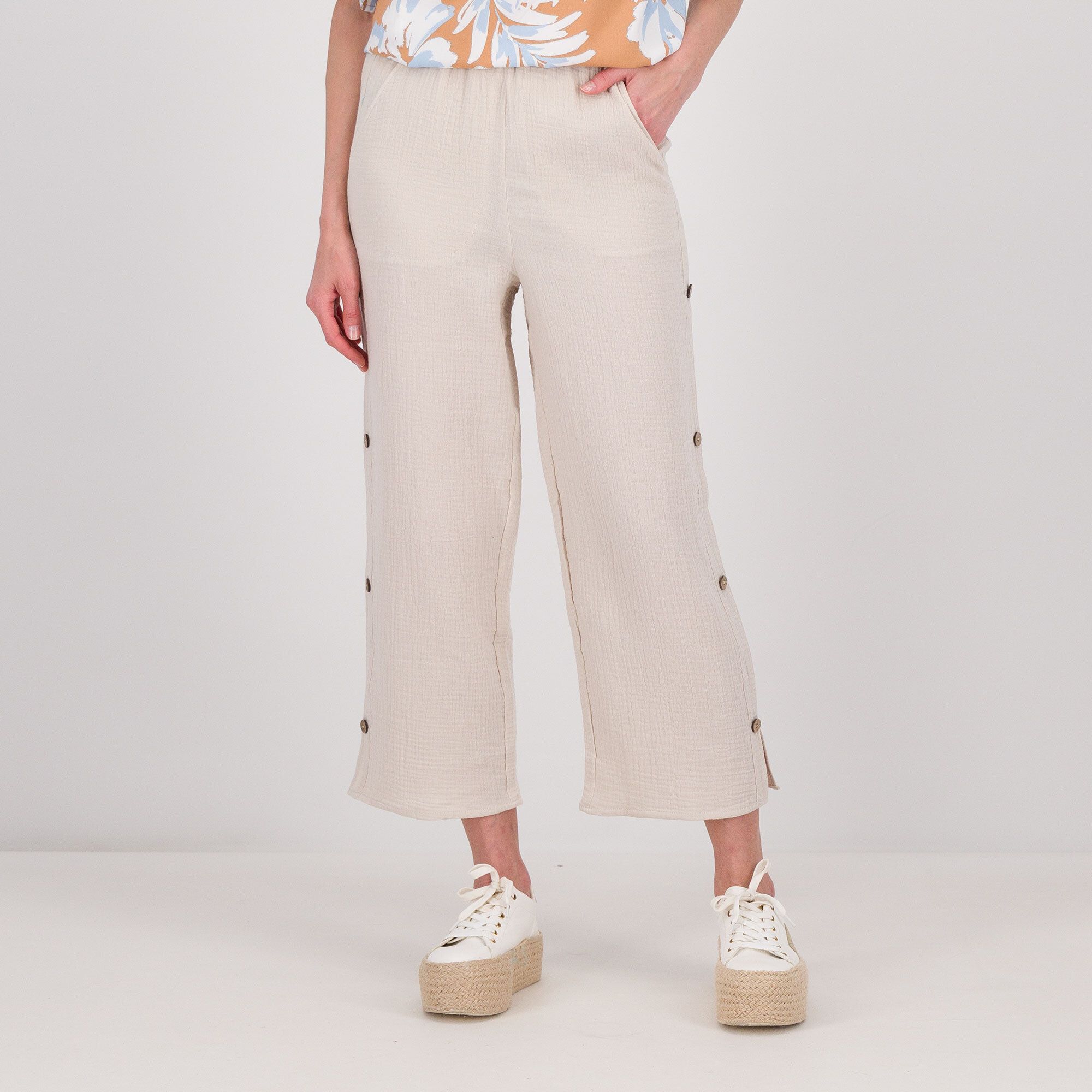 Image of Denim & Co Pantaloni cropped in cotone con elastico in vita061