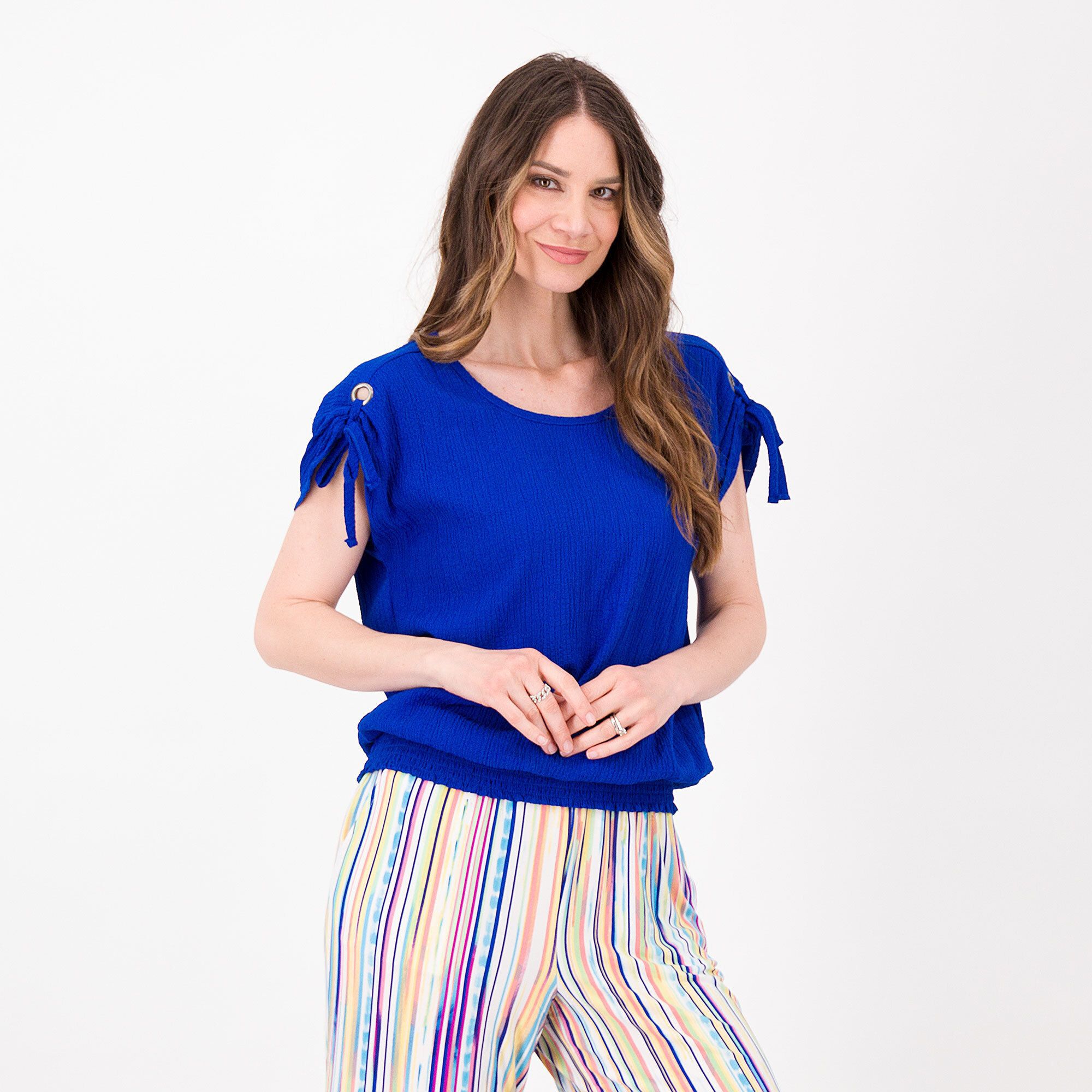 QVC Nina Leonard Blusa in tessuto crespo con manica corta con fiocco