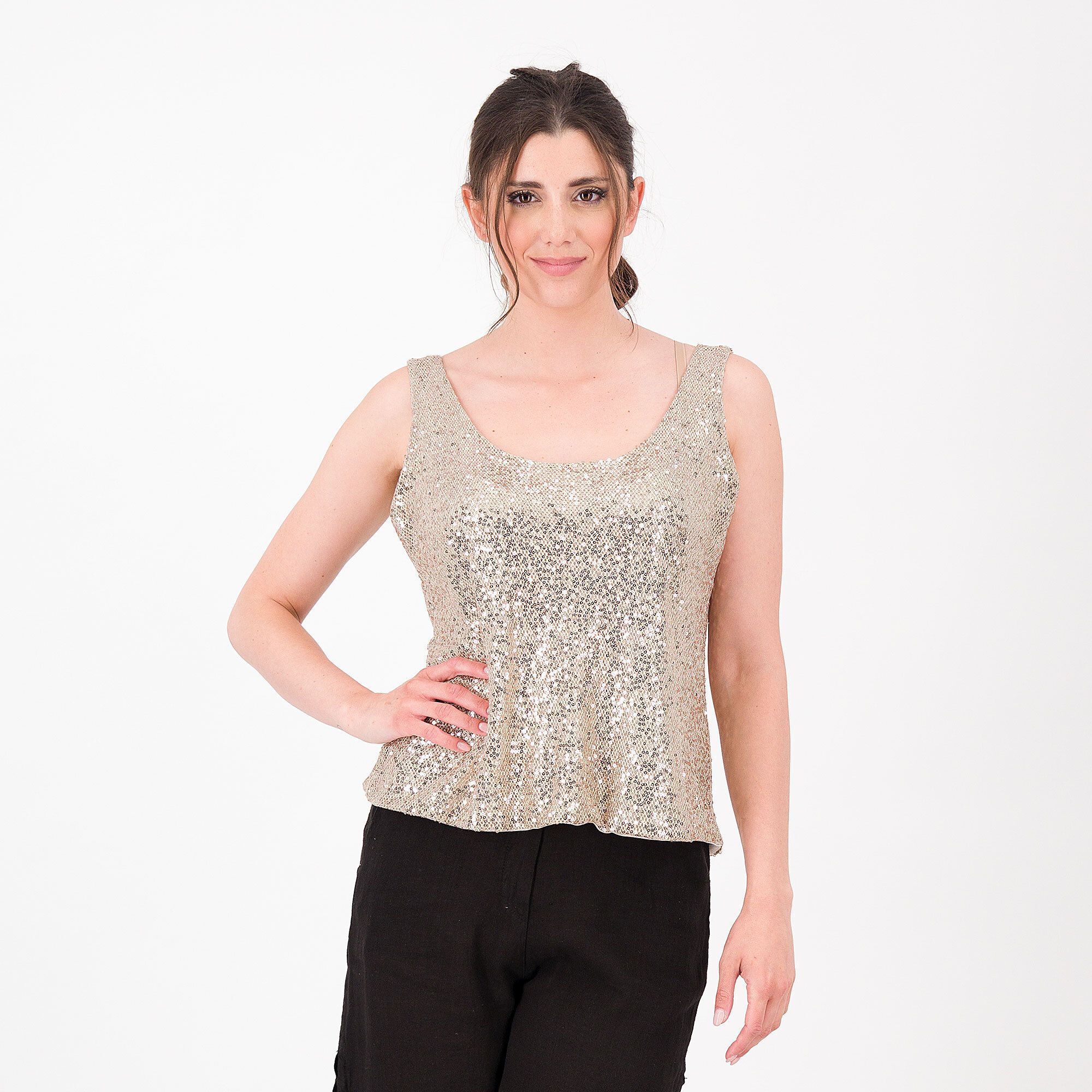 QVC Mood Atelier Top scollo tondo in paillettes e fodera in jersey Made in Italy