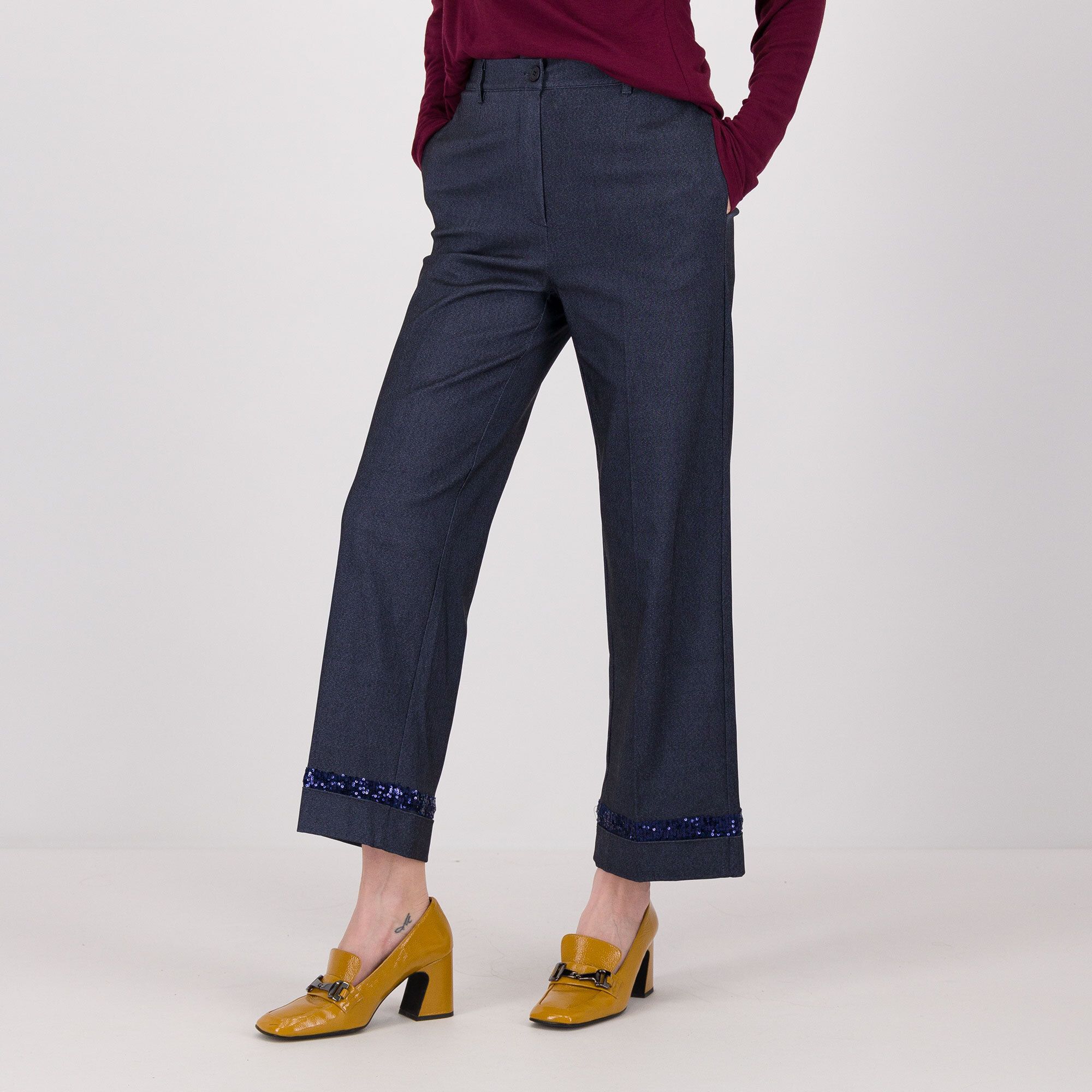 QVC Caterina Lancini Pantaloni wide legs effetto jeans con paillettes