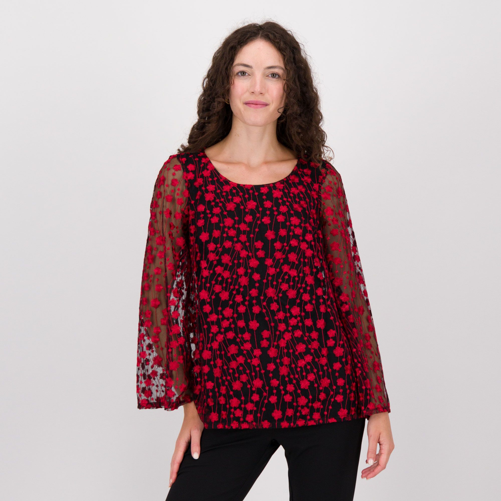 QVC Nina Leonard Maglia in tulle fantasia fiori con maniche lunghe