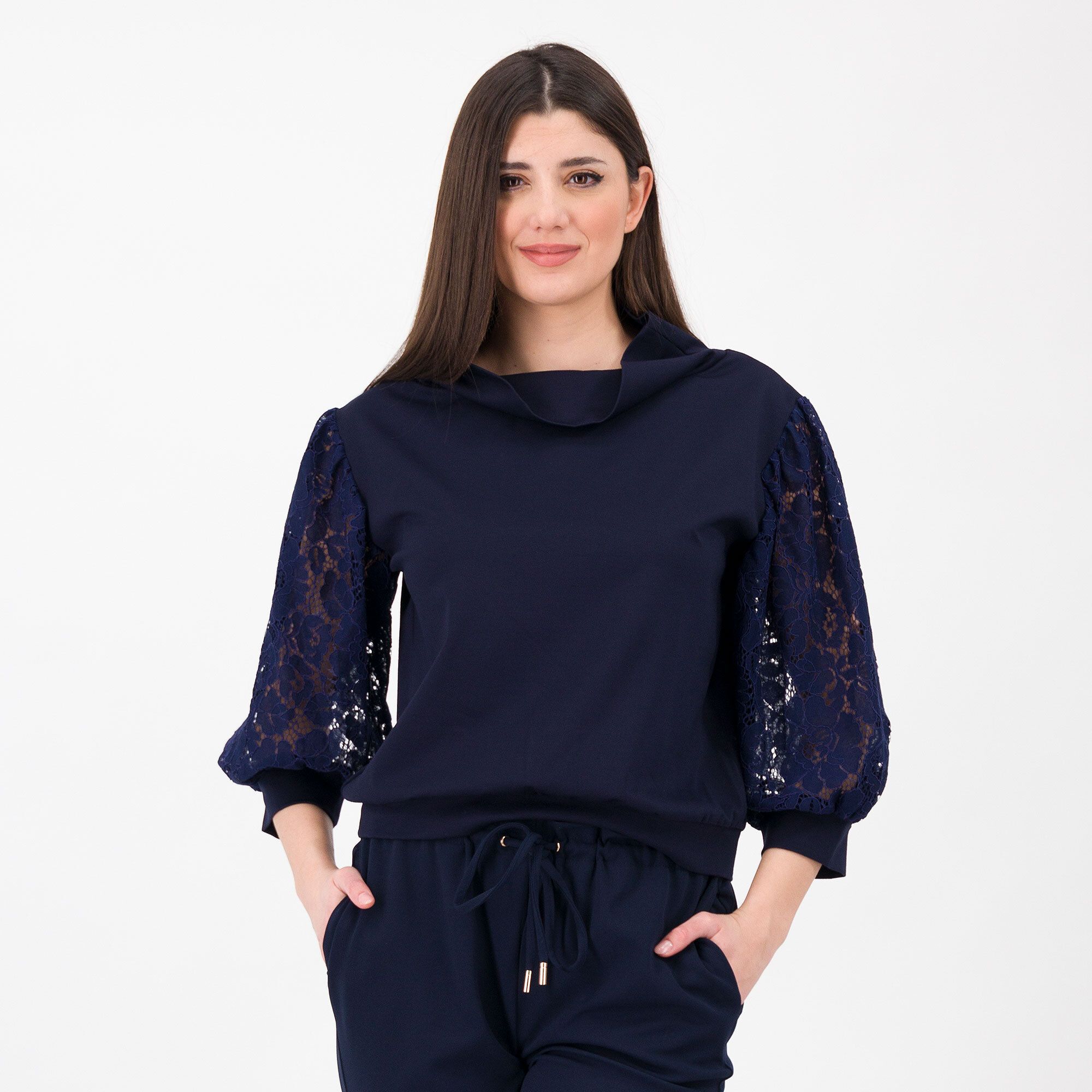 QVC Enjoy Maglia collo anello Punto Milano viscosa Manica in pizzo Made in Italy