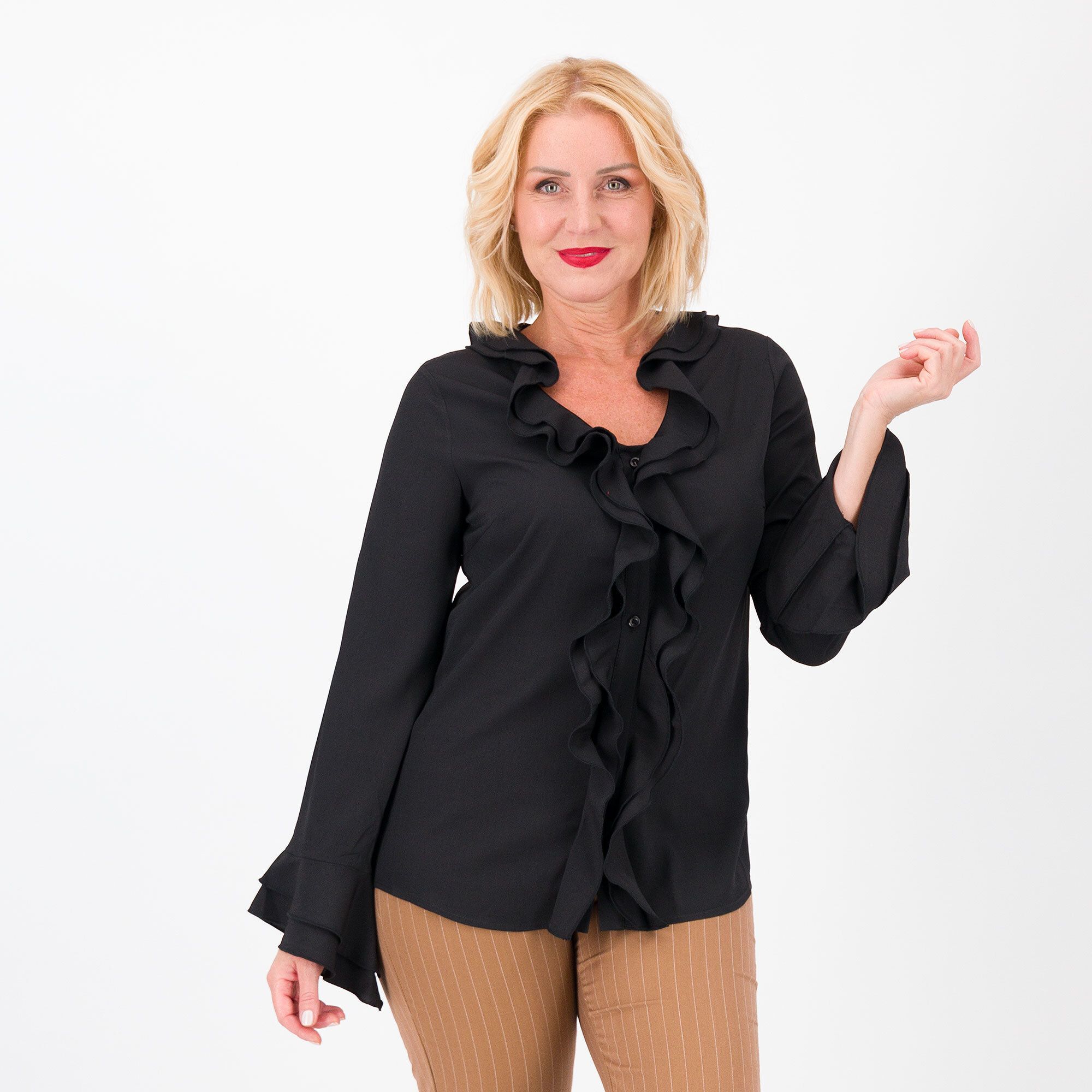 QVC Caterina Lancini Camicia con rouches in crêpe de chine Rouches allo scollo Made in Italy