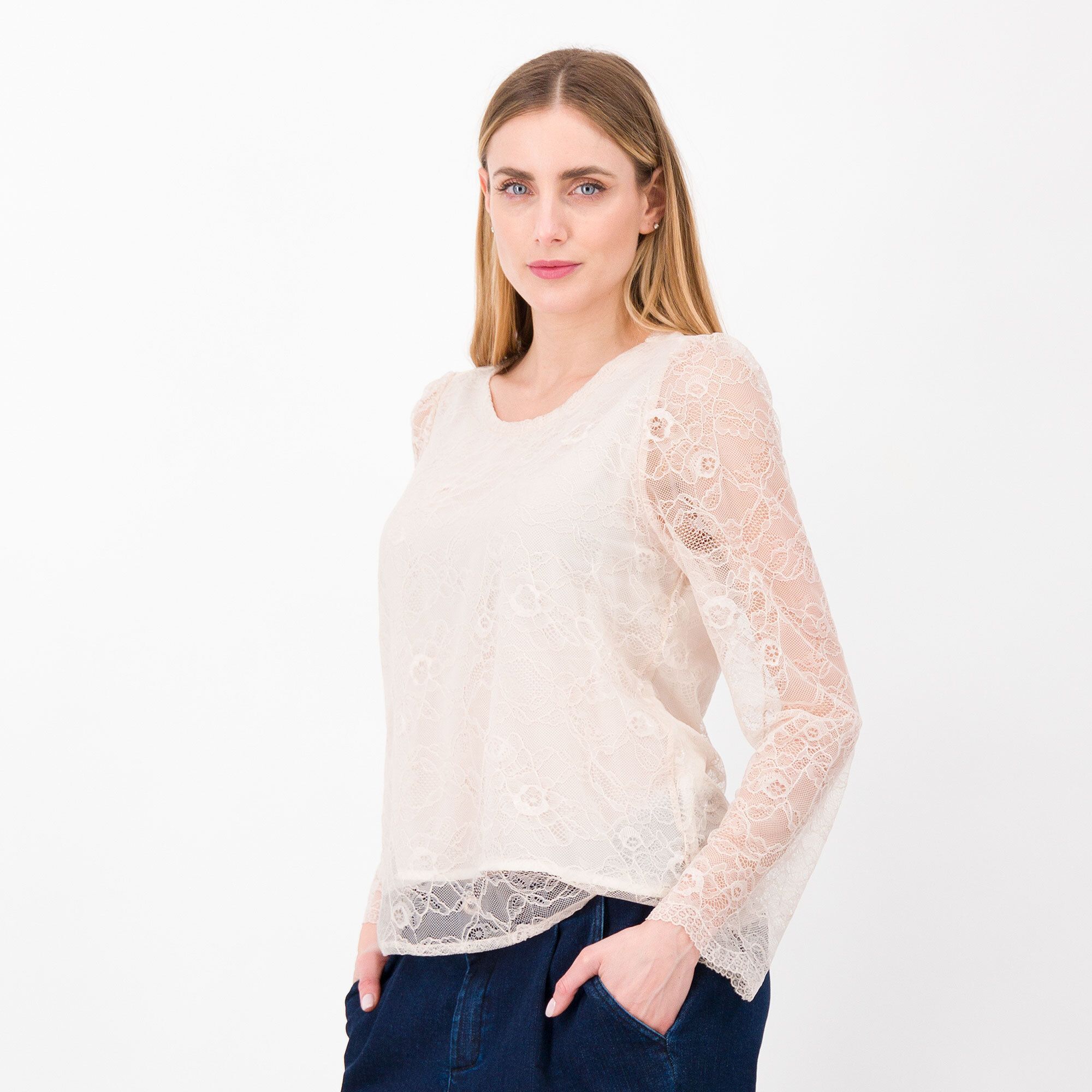 QVC Officina della Moda Blusa scollo tondo In pizzo foderato Manica trasparente Made in Italy