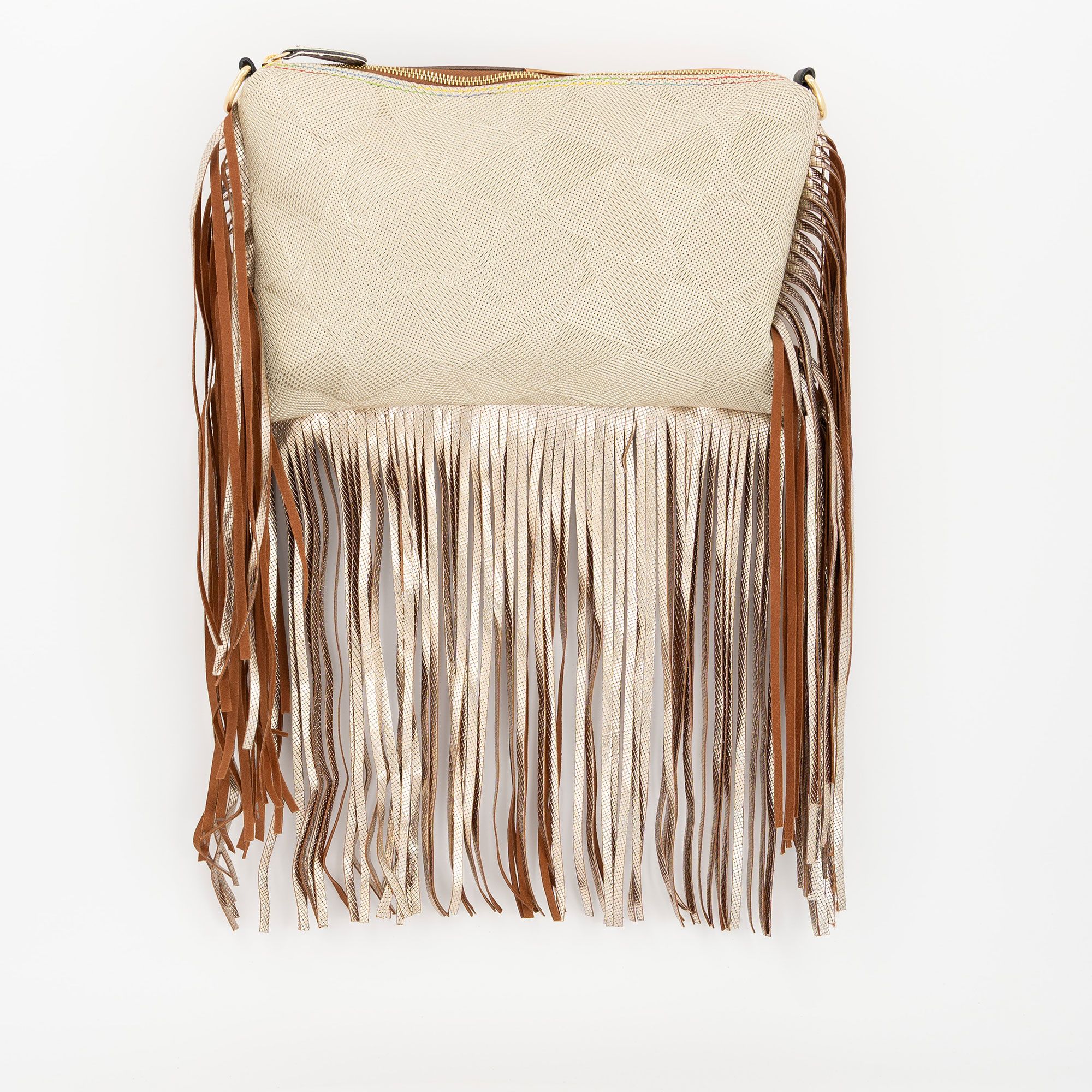 Ebarrito
Pochette in pelle
patchwork con
frange sui lati