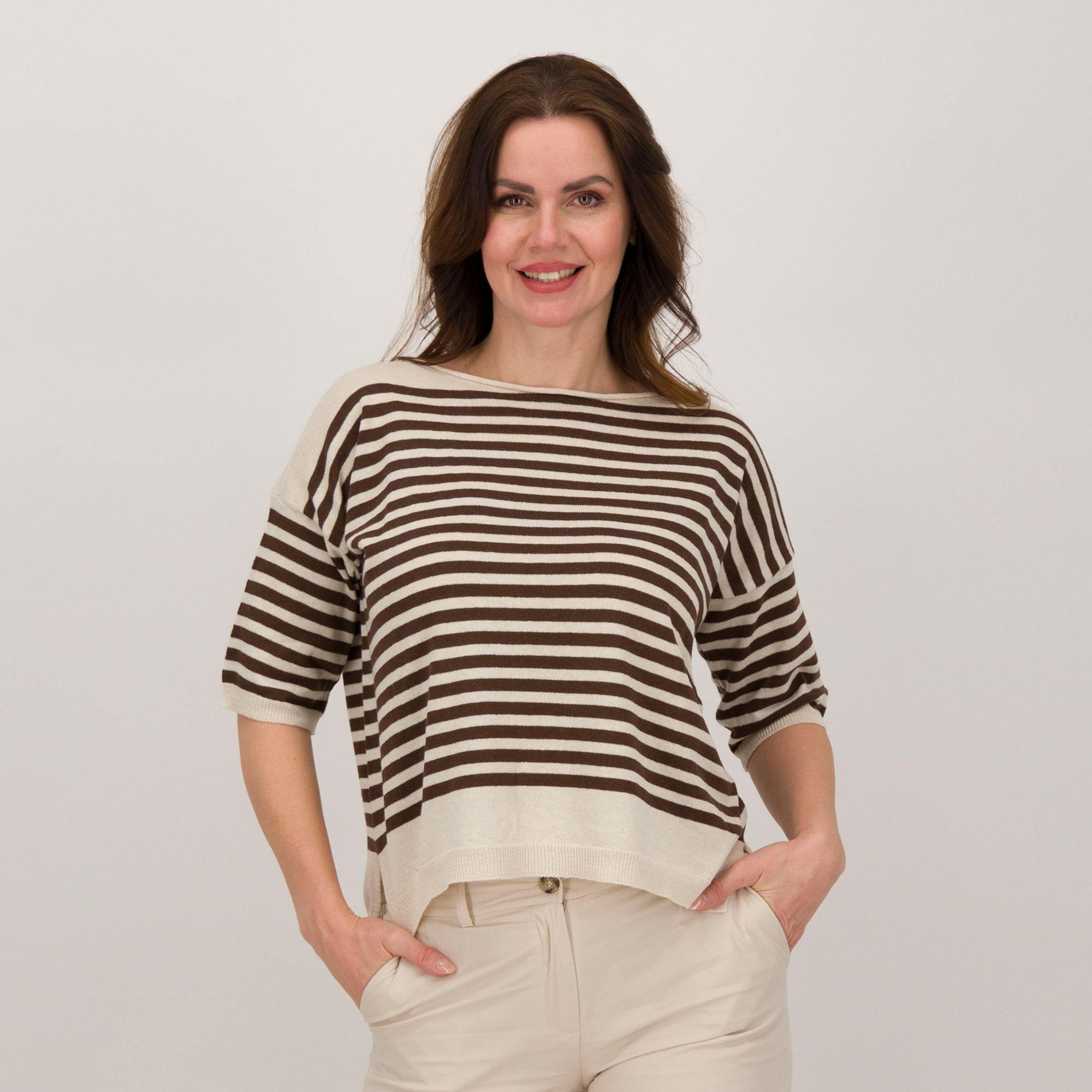 Rebeka Ross
Maglia a righe in
filato misto cotone
con scollo a barca