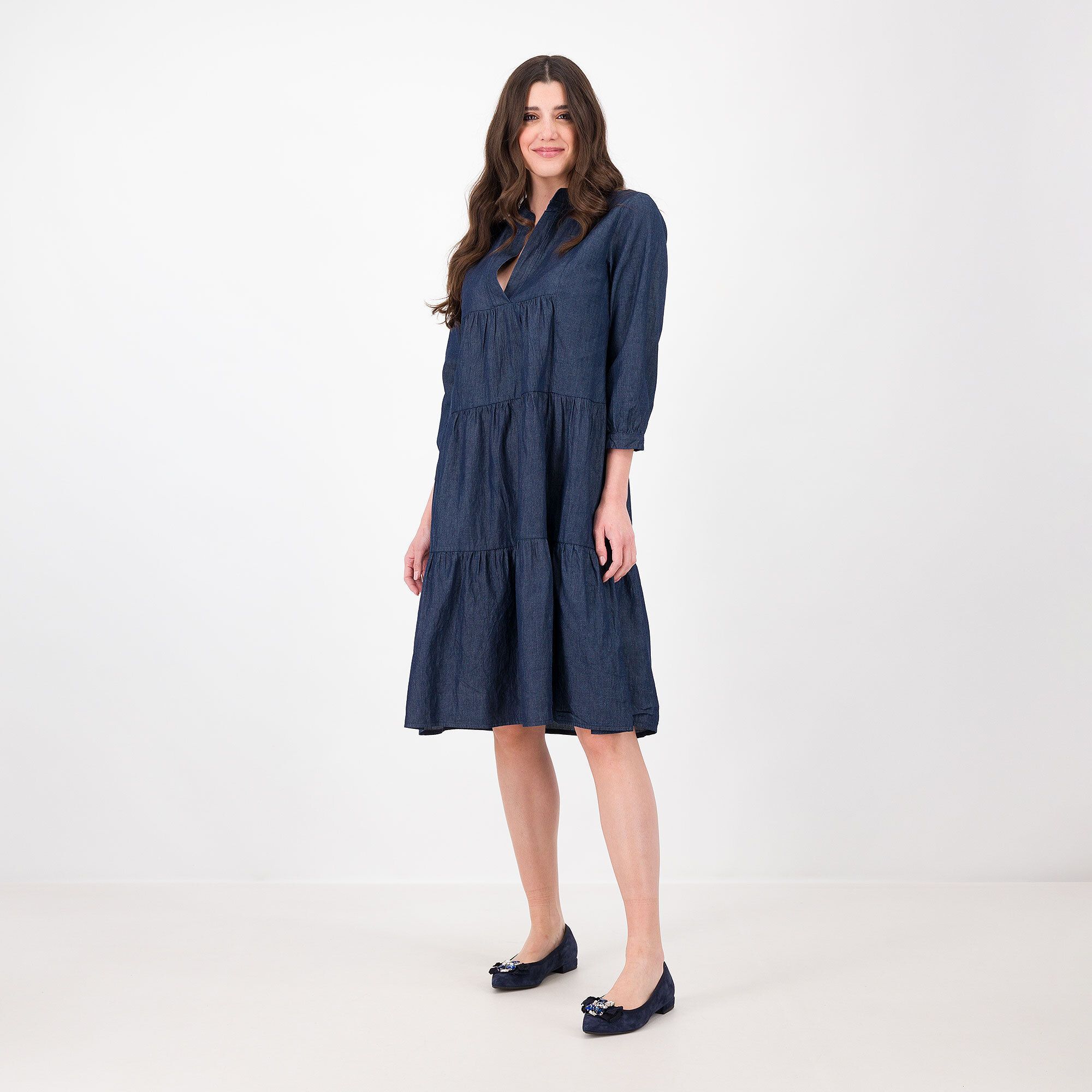 QVC EVA Franco Ciambella Abito midi a balze in chambray 100% cotone Collo alla coreana Made in Italy