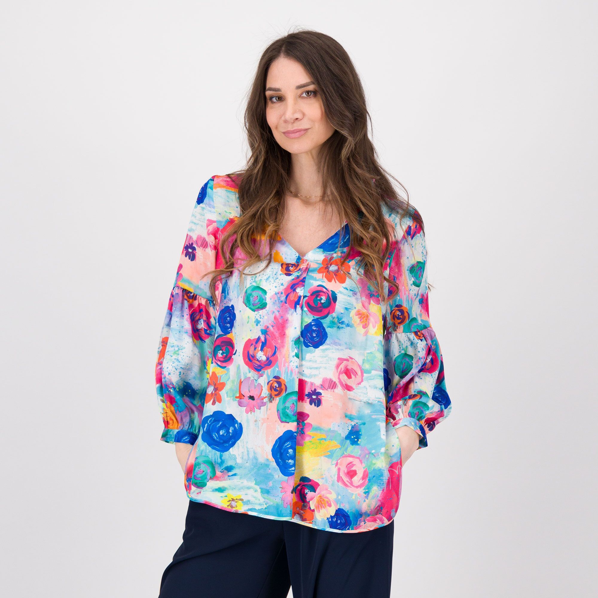 QVC EXTESA Blusa in raso fantasia con scollo a V