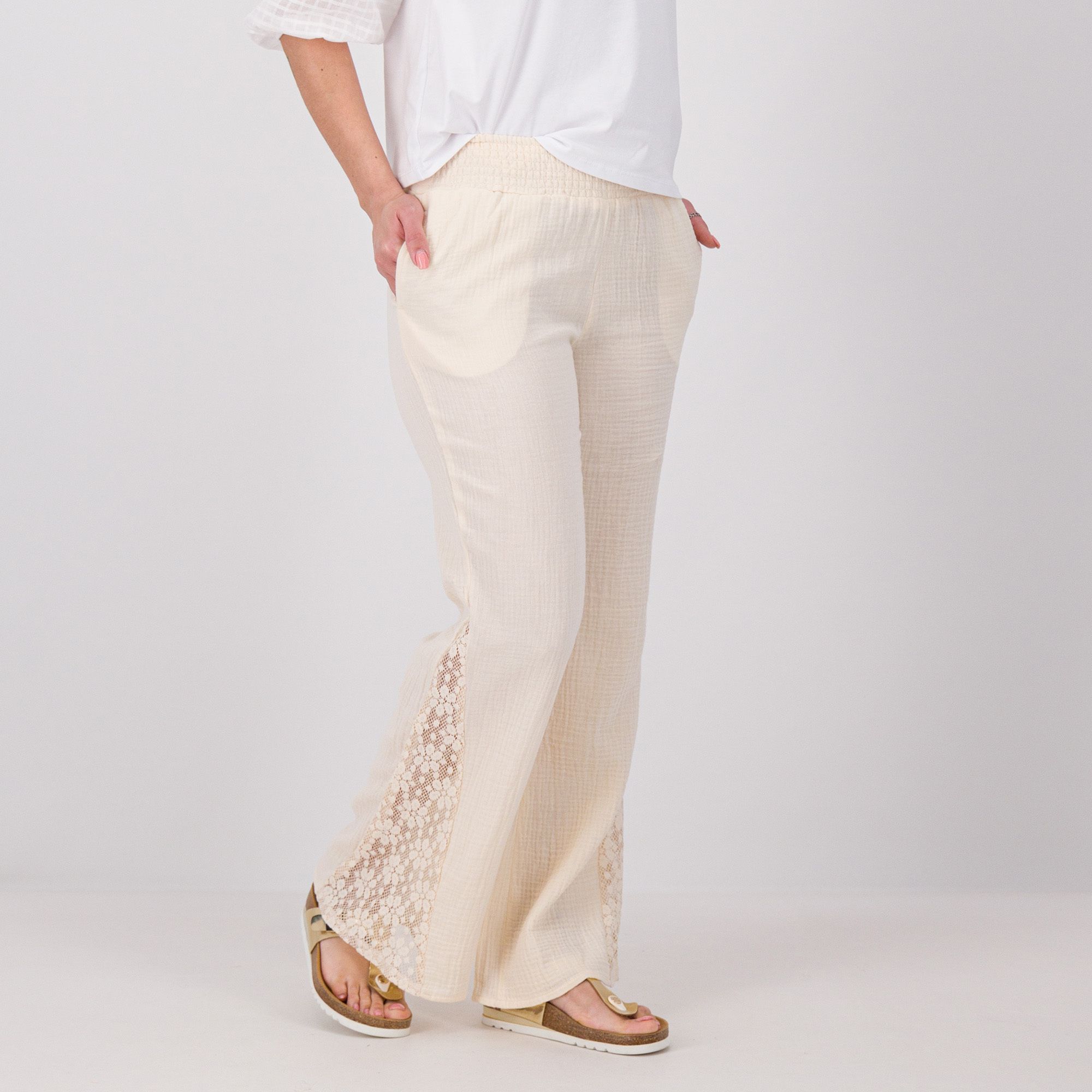 Image of Isaac Mizrahi Live! Pantaloni a gamba larga in garza di cotone effetto crespo061