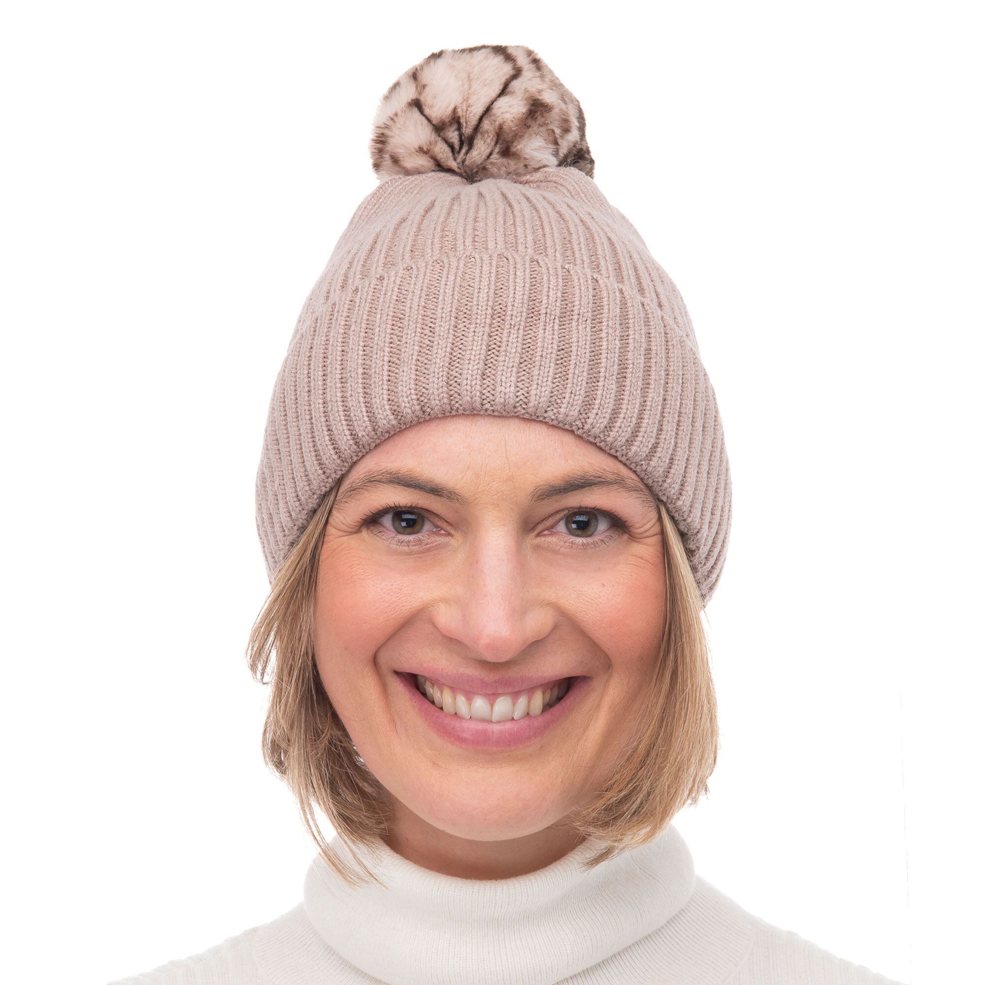 QVC FRANCHETTI BOND Cappello in maglia con pompom animalier removibile