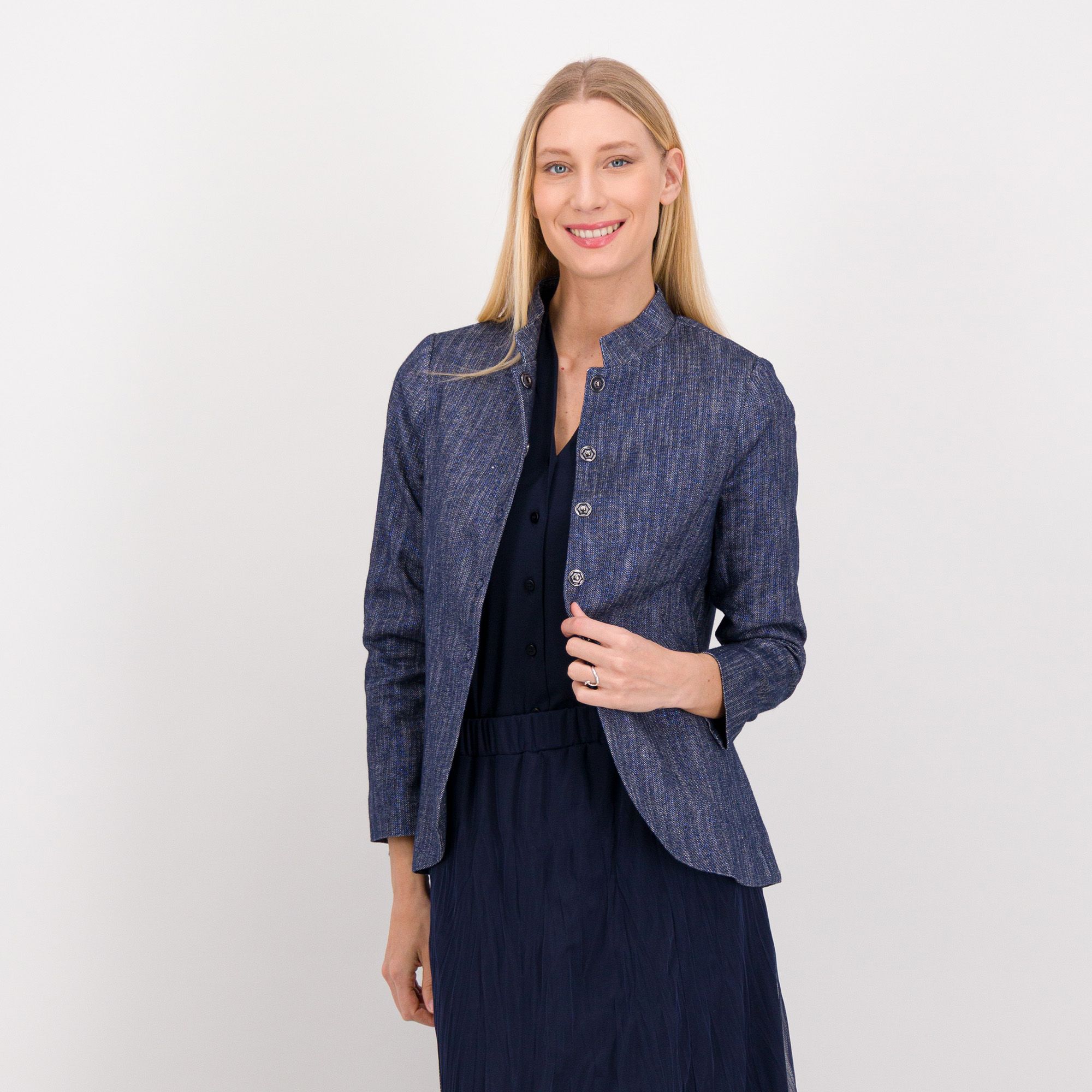 Caterina Lancini
Giacca di jeans
con lamé e
collo alla coreana