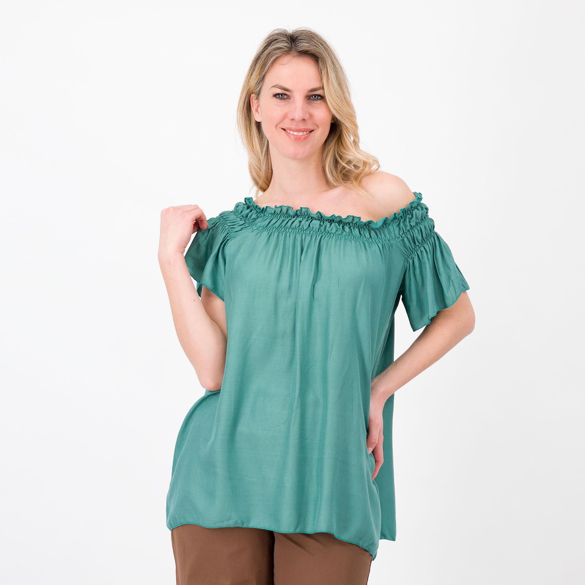 QVC M’ama Blusa in tela crêpe 100% viscosa Punto smock scollo Made in Italy