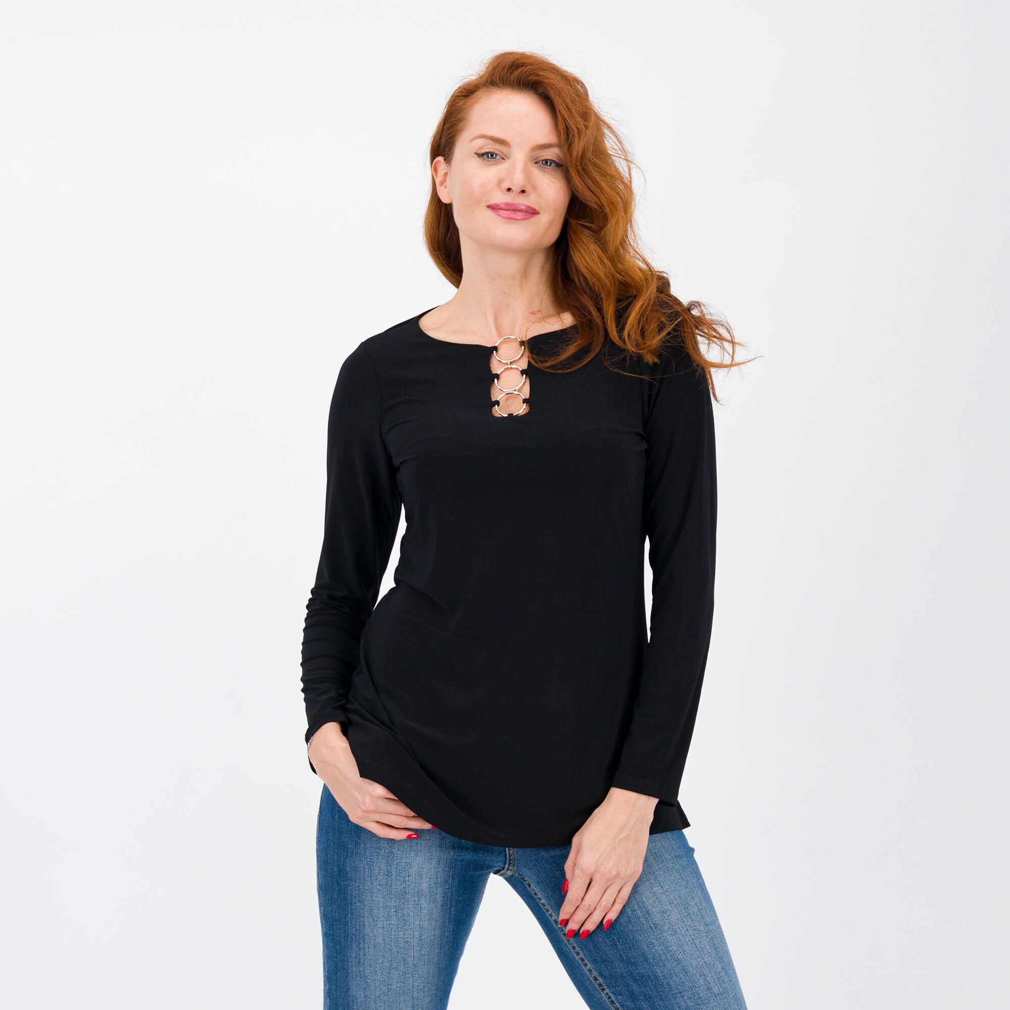 QVC Nina Leonard T-shirt a maniche lunghe con anelli sullo scollo